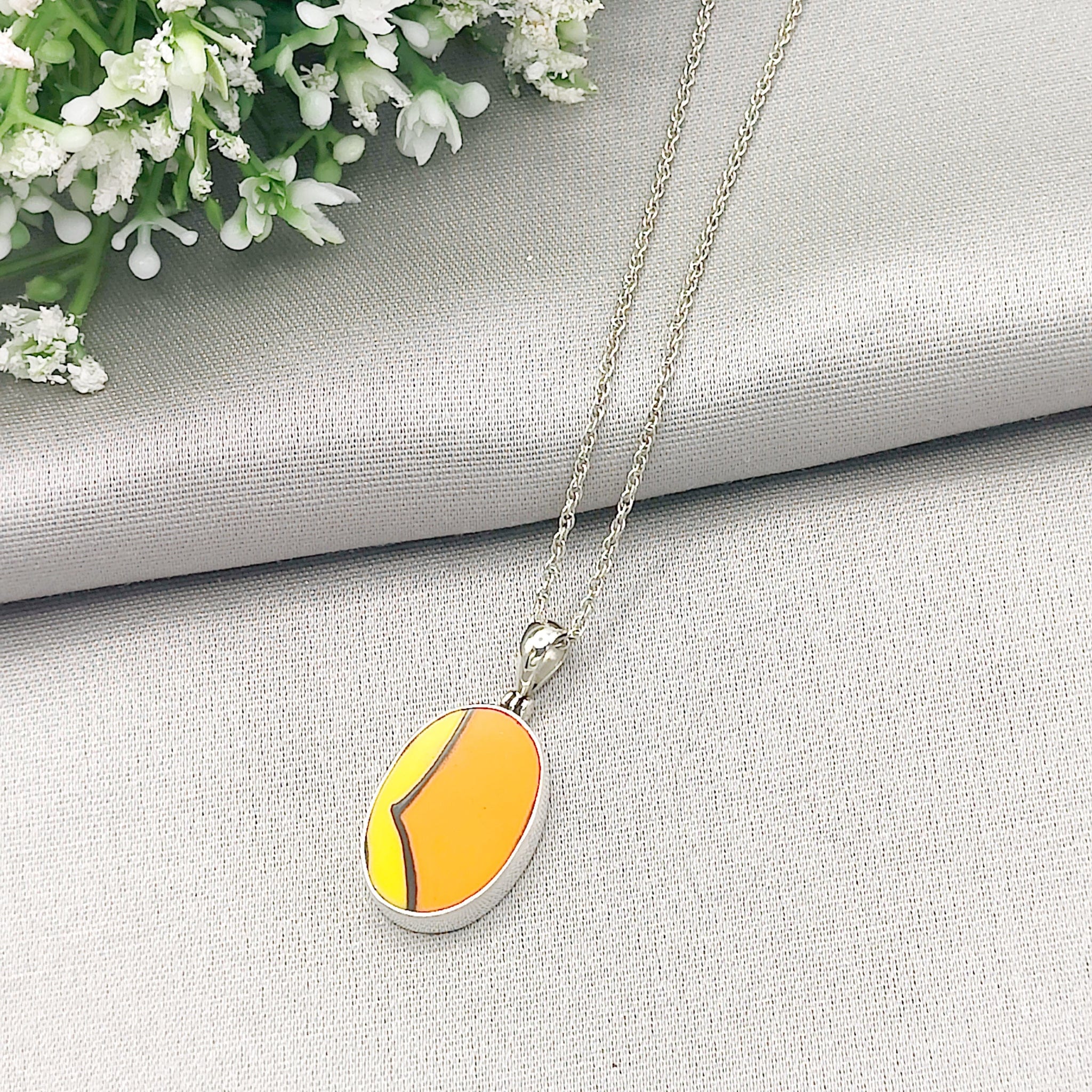 Hepburn and Hughes Art Deco Pendant | Clarice Cliff Pottery Necklaces | Oval | Sterling Silver