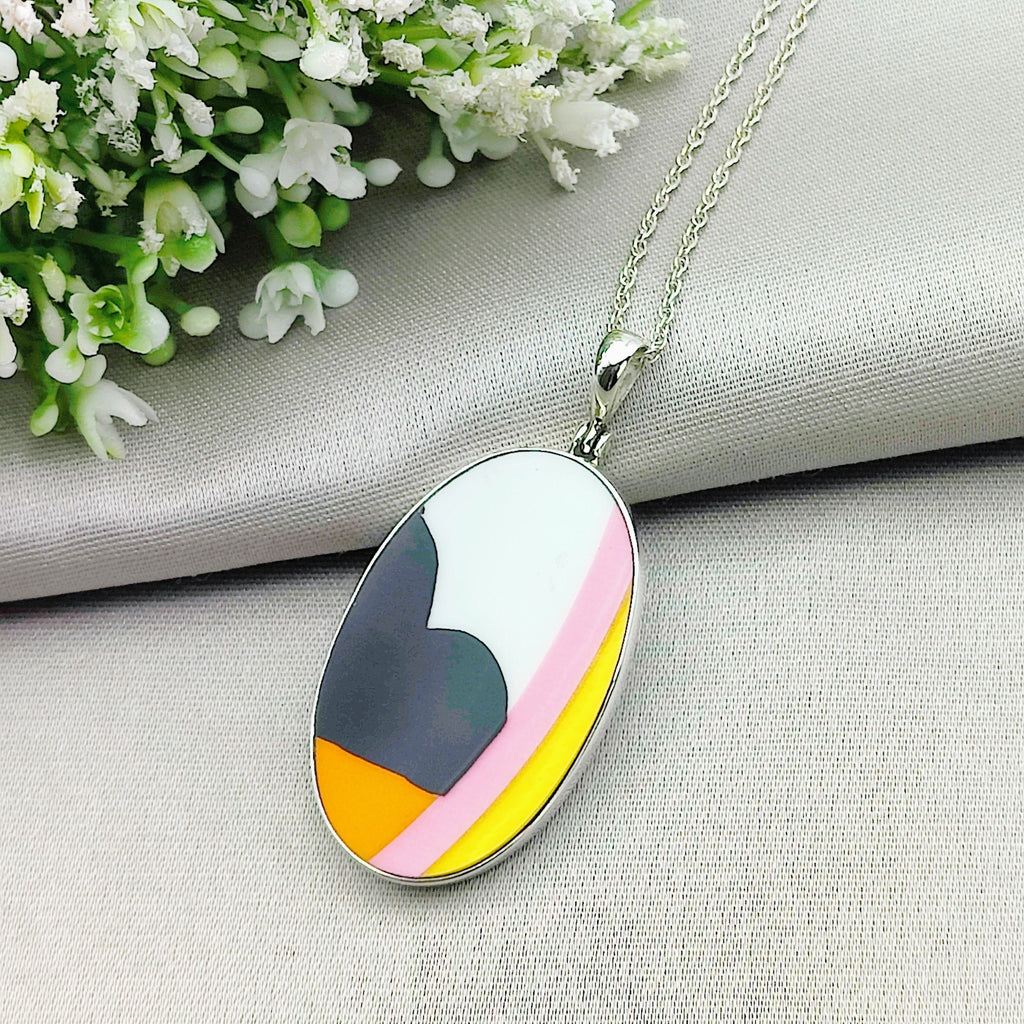 Hepburn and Hughes Art Deco Pendants | Clarice Cliff Pottery Necklaces | Oval | Sterling Silver
