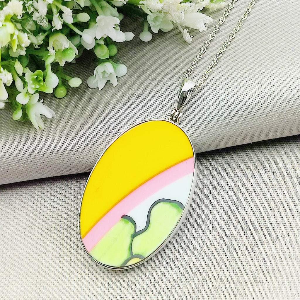 Hepburn and Hughes Art Deco Pendant | Clarice Cliff Pottery Necklaces | Oval | Sterling Silver