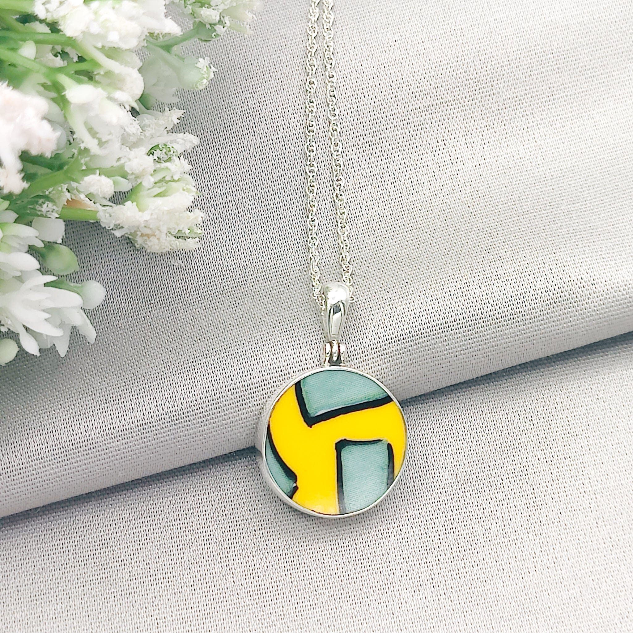 Hepburn and Hughes Art Deco Pendant | Clarice Cliff Pottery | Yellow and Mint |  Sterling Silver