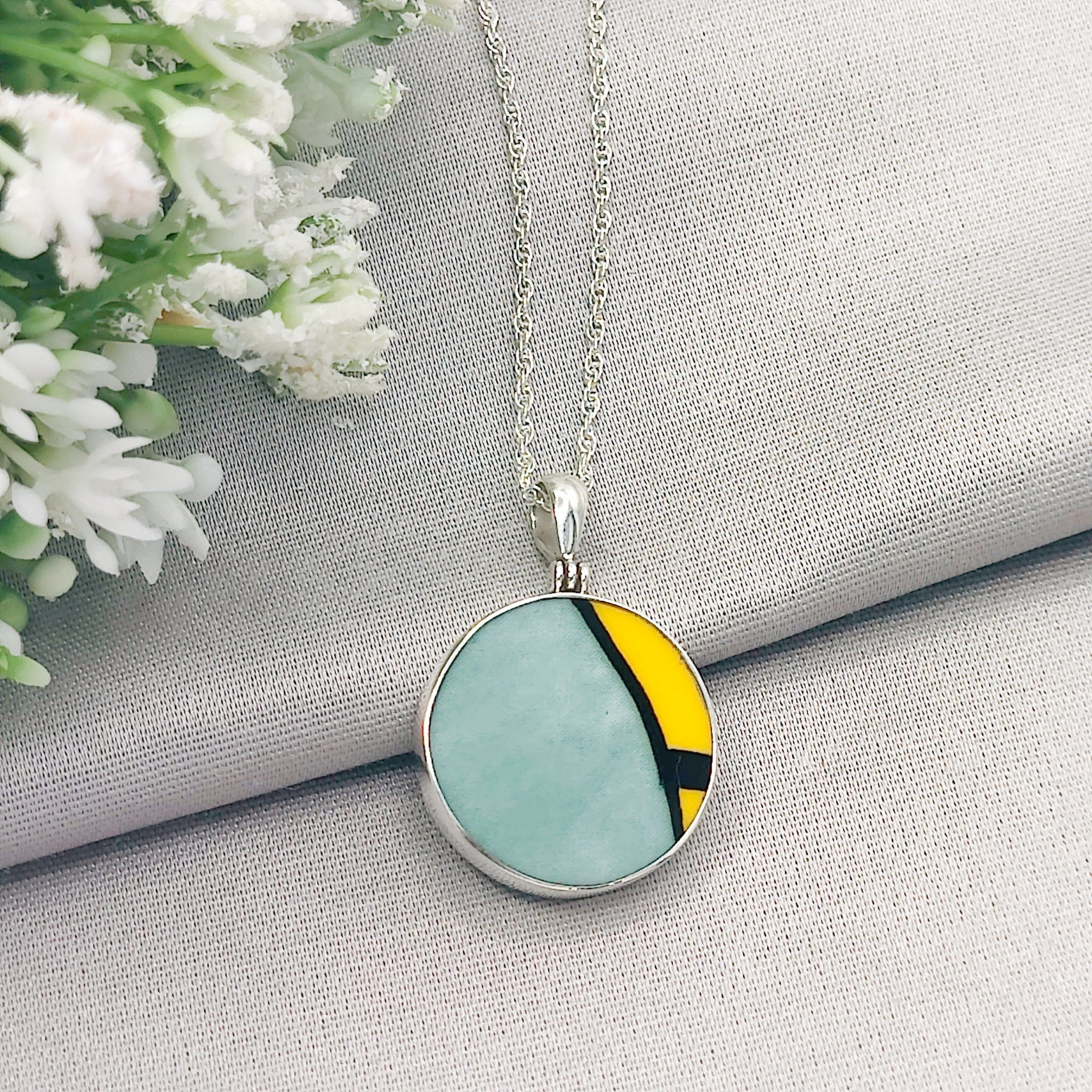 Hepburn and Hughes Art Deco Pendant | Clarice Cliff Pottery | Yellow and Mint |  Sterling Silver