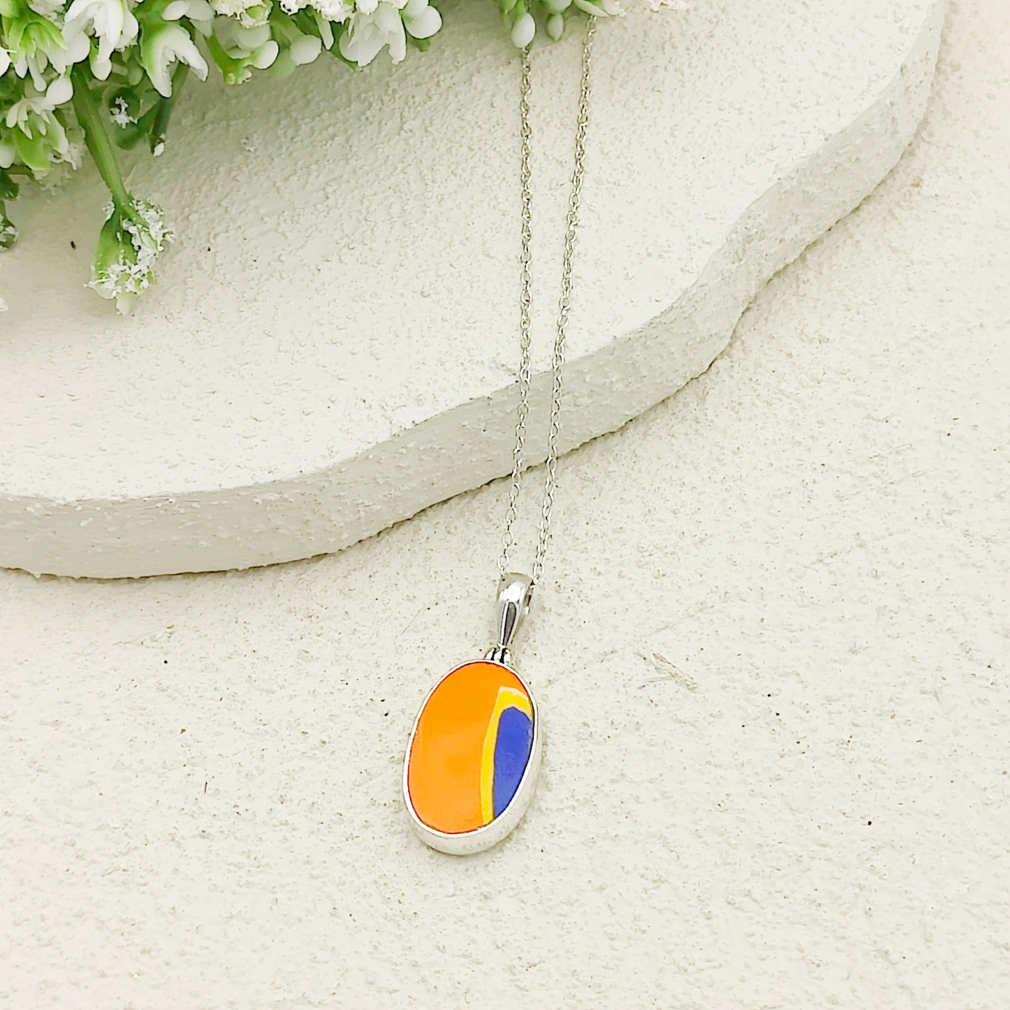 Hepburn and Hughes Art Deco Pendant | Clarice Cliff Wind Bells Pottery | 20mm Oval |  Sterling Silver
