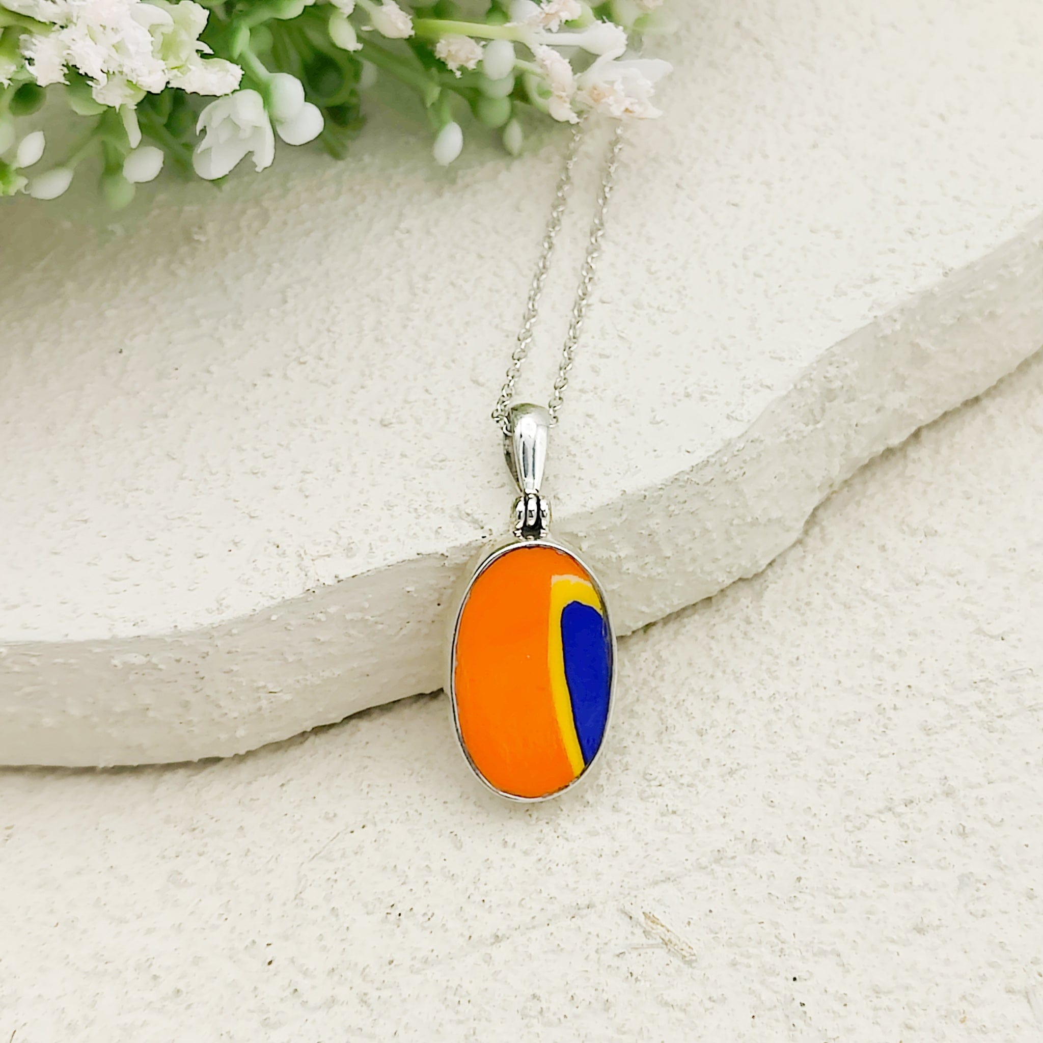 Hepburn and Hughes Art Deco Pendant | Clarice Cliff Wind Bells Pottery | 20mm Oval |  Sterling Silver