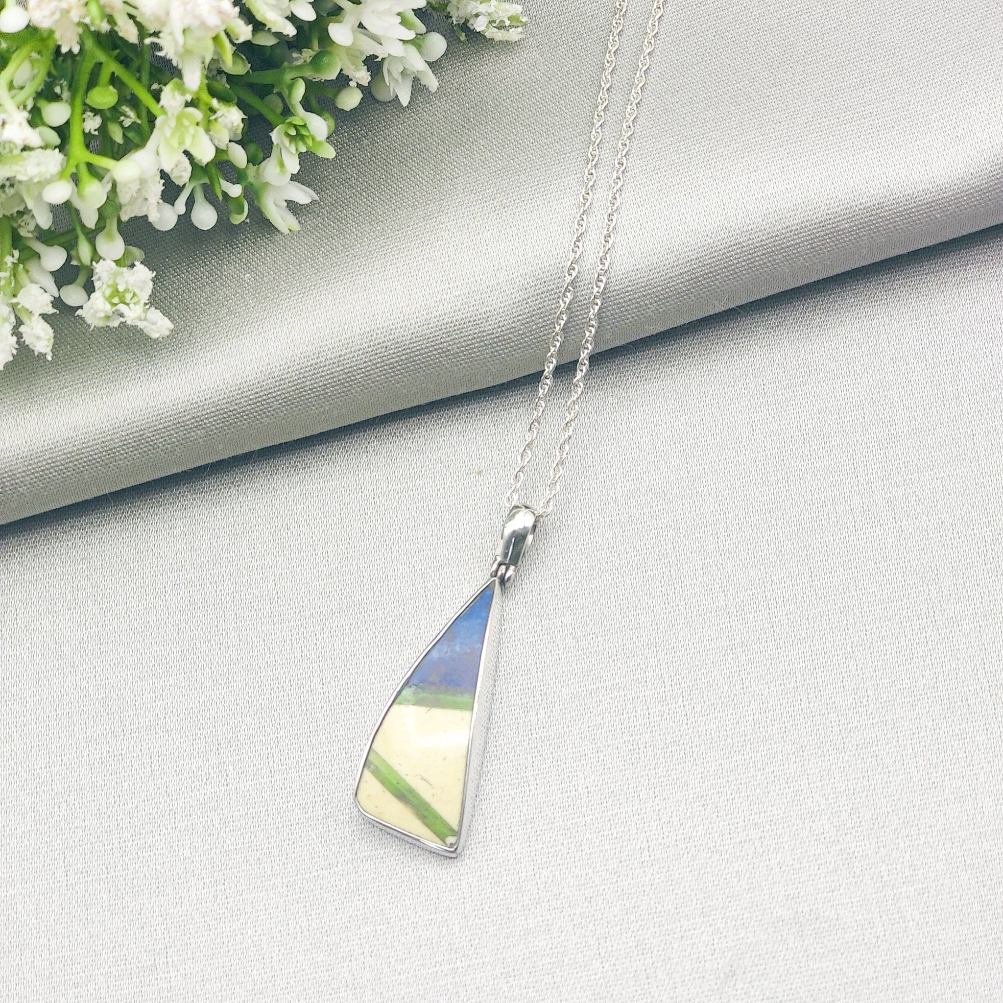 Hepburn and Hughes Art Deco Pendant | Original Clarice Cliff | Blue Triangle | Sterling Silver