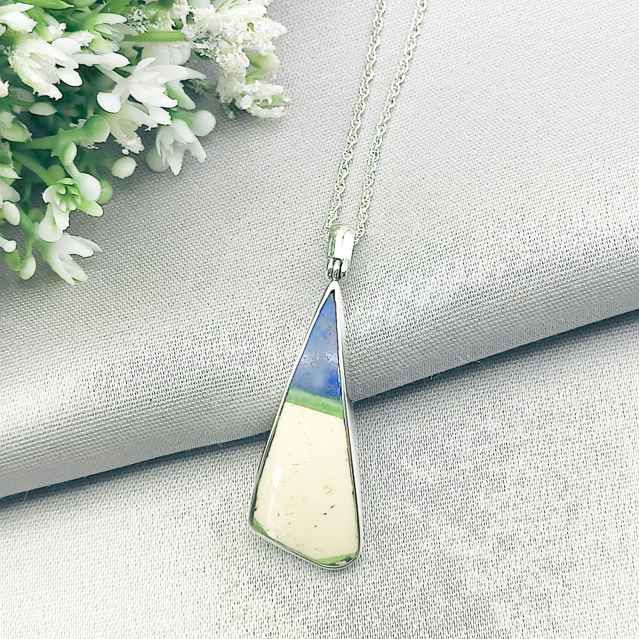 Hepburn and Hughes Art Deco Pendant | Original Clarice Cliff | Blue Triangle | Sterling Silver