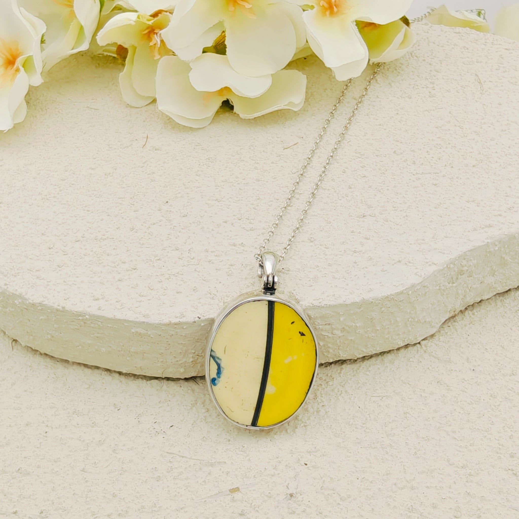 Hepburn and Hughes Art Deco Pendant | Original Clarice Cliff Ceramics | 25mm Yellow and White Oval  | Sterling Silver