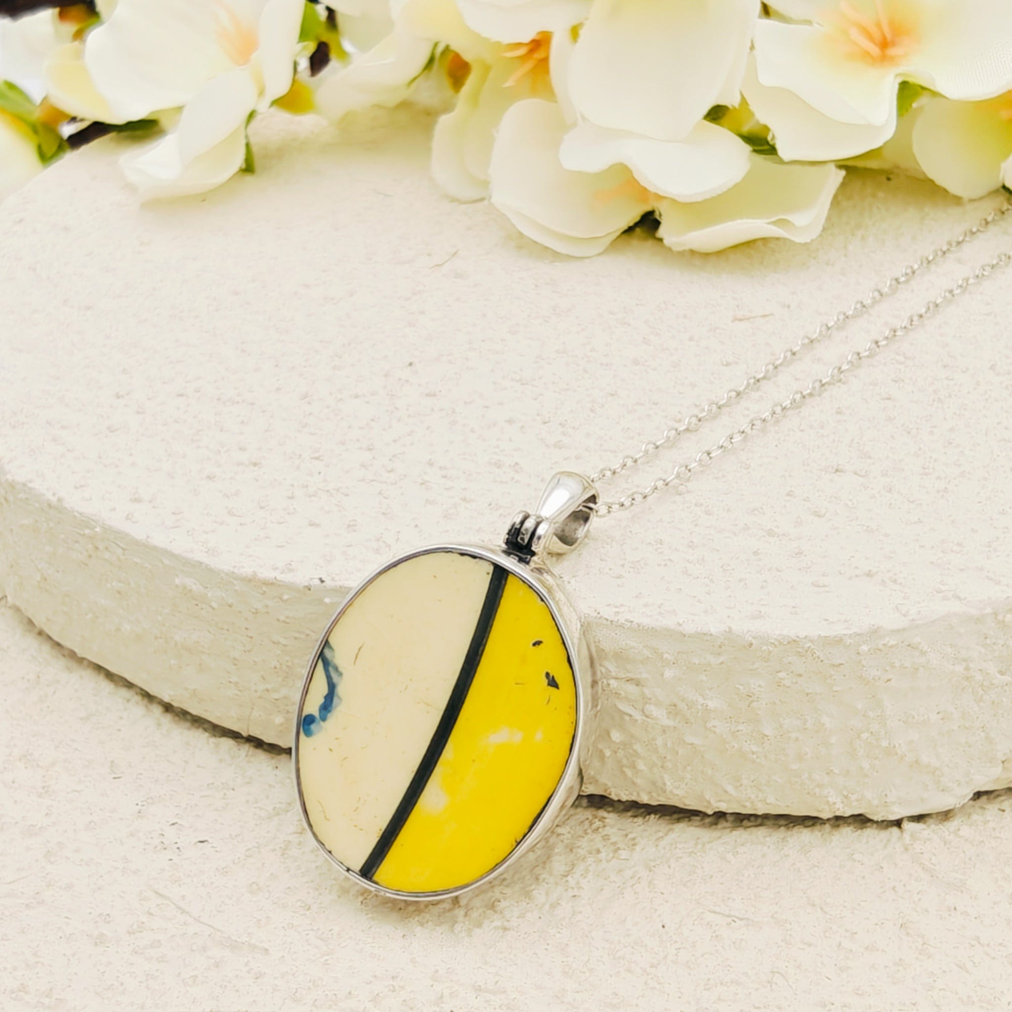 Hepburn and Hughes Art Deco Pendant | Original Clarice Cliff Ceramics | 25mm Yellow and White Oval  | Sterling Silver