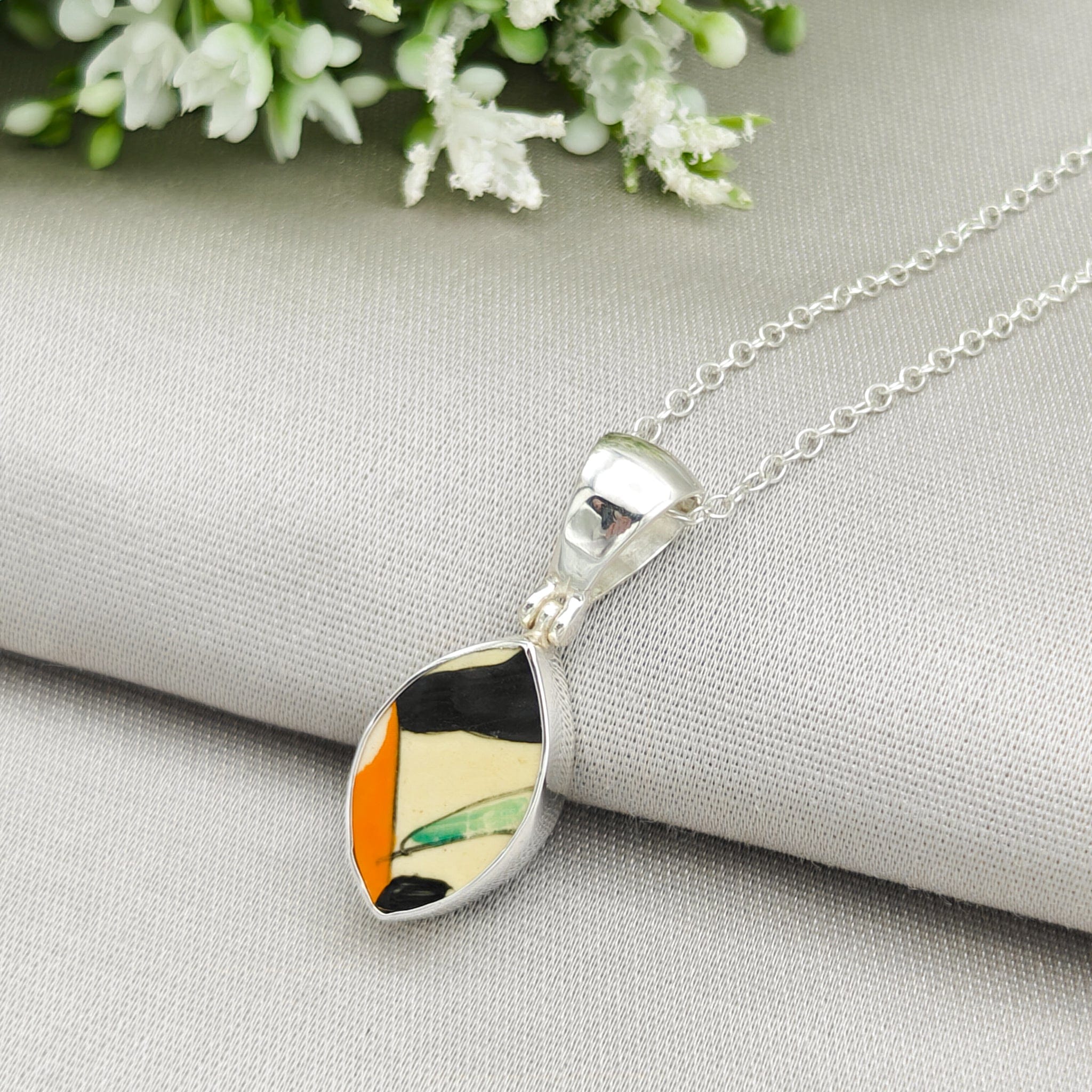 Hepburn and Hughes Art Deco Pendant | Original Clarice Cliff Pottery | 20mm Abstract | Sterling Silver