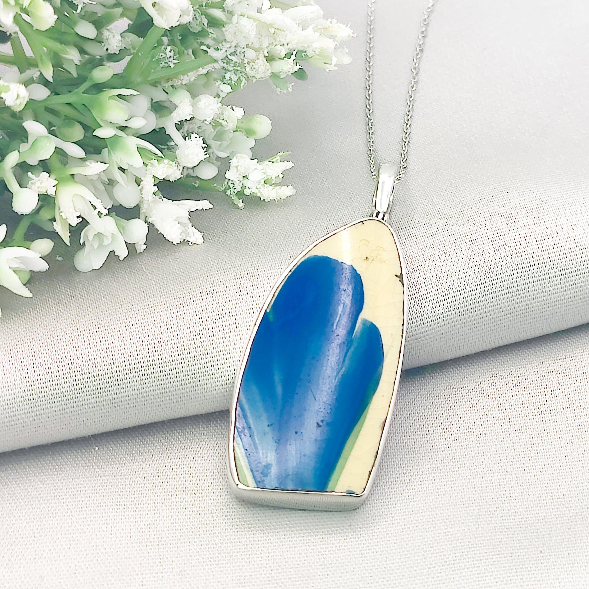 Hepburn and Hughes Art Deco Pendant | Original Clarice Cliff Pottery | Blue Abstract | Sterling Silver