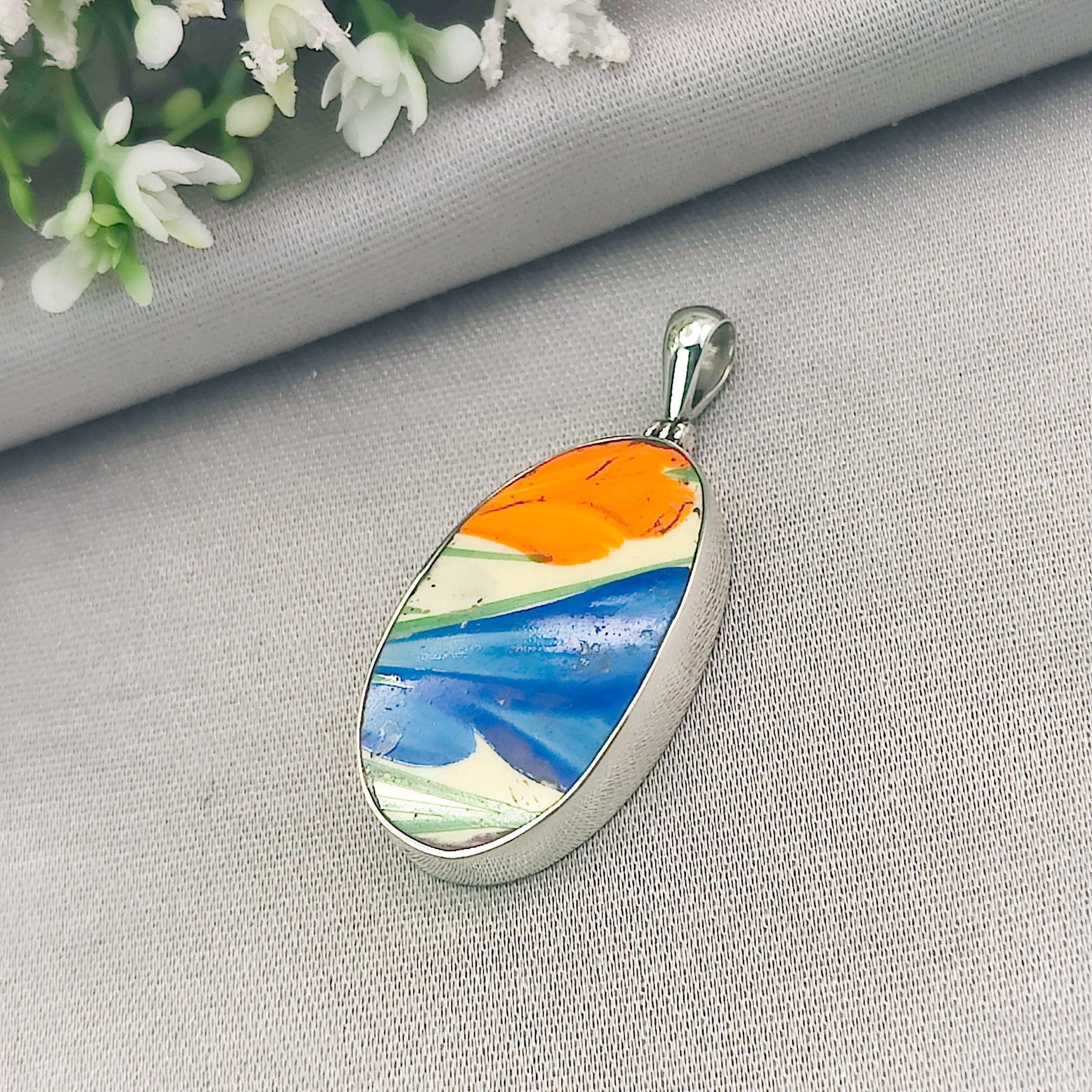 Hepburn and Hughes Art Deco Pendant | Original Clarice Cliff Pottery | Blue Crocus | Sterling Silver