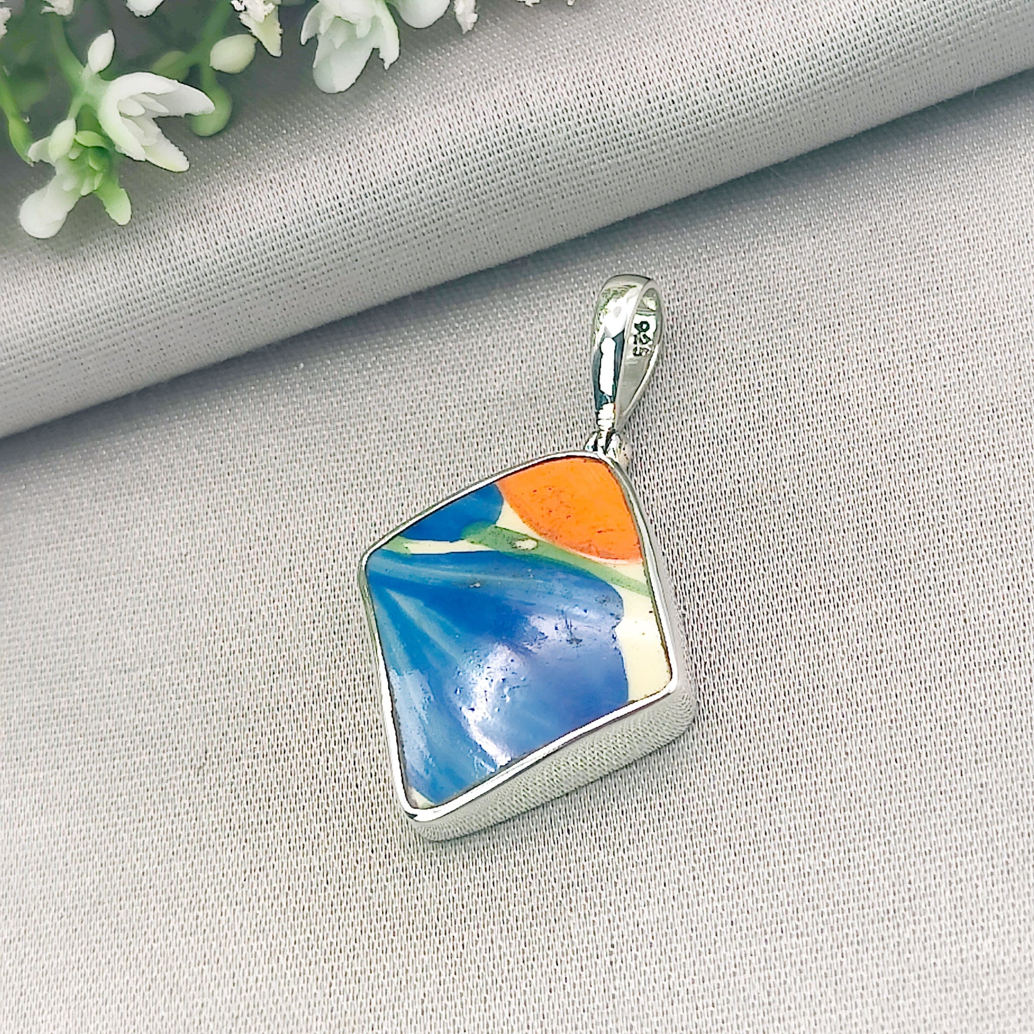 Hepburn and Hughes Art Deco Pendant | Original Clarice Cliff Pottery | Blue Crocus | Sterling Silver