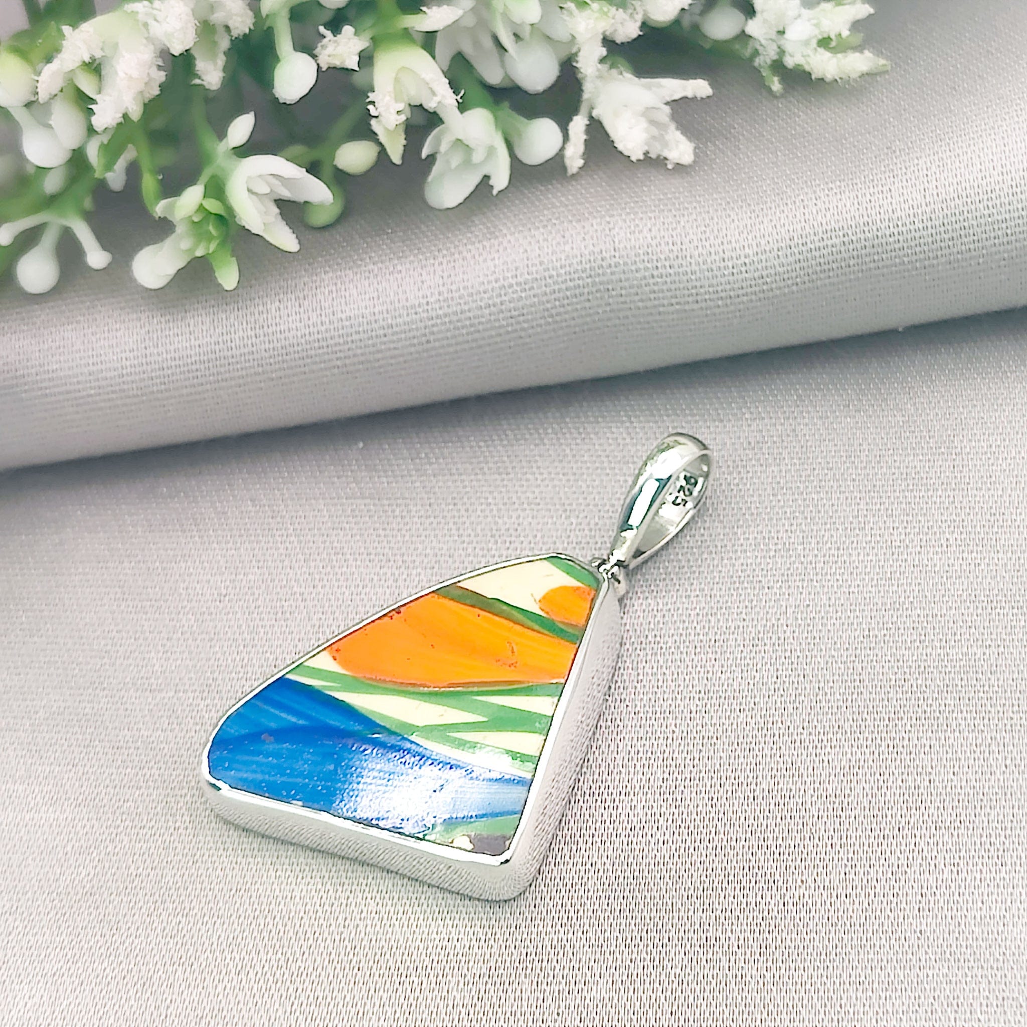 Hepburn and Hughes Art Deco Pendant | Original Clarice Cliff Pottery | Blue Crocus | Sterling Silver