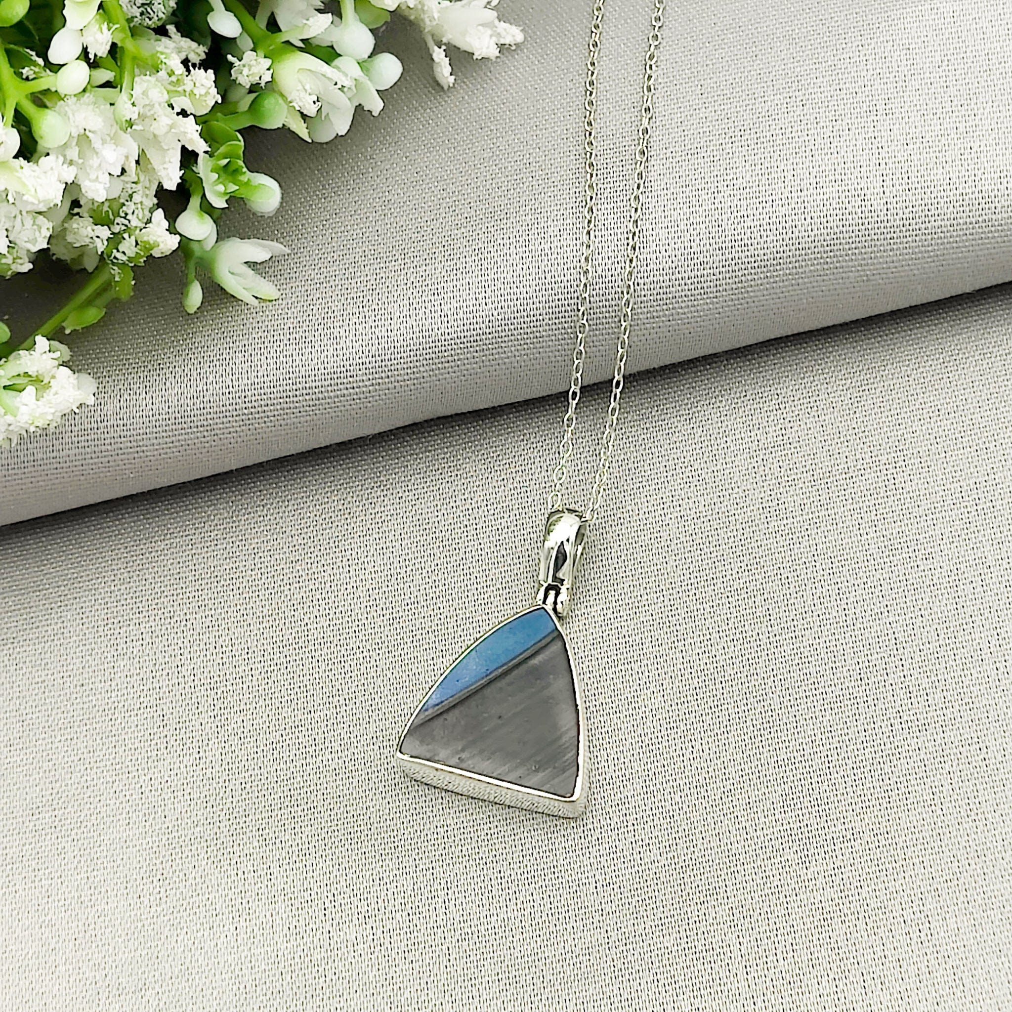 Hepburn and Hughes Art Deco Pendant | Original Clarice Cliff Pottery | Blue Triangle | Sterling Silver