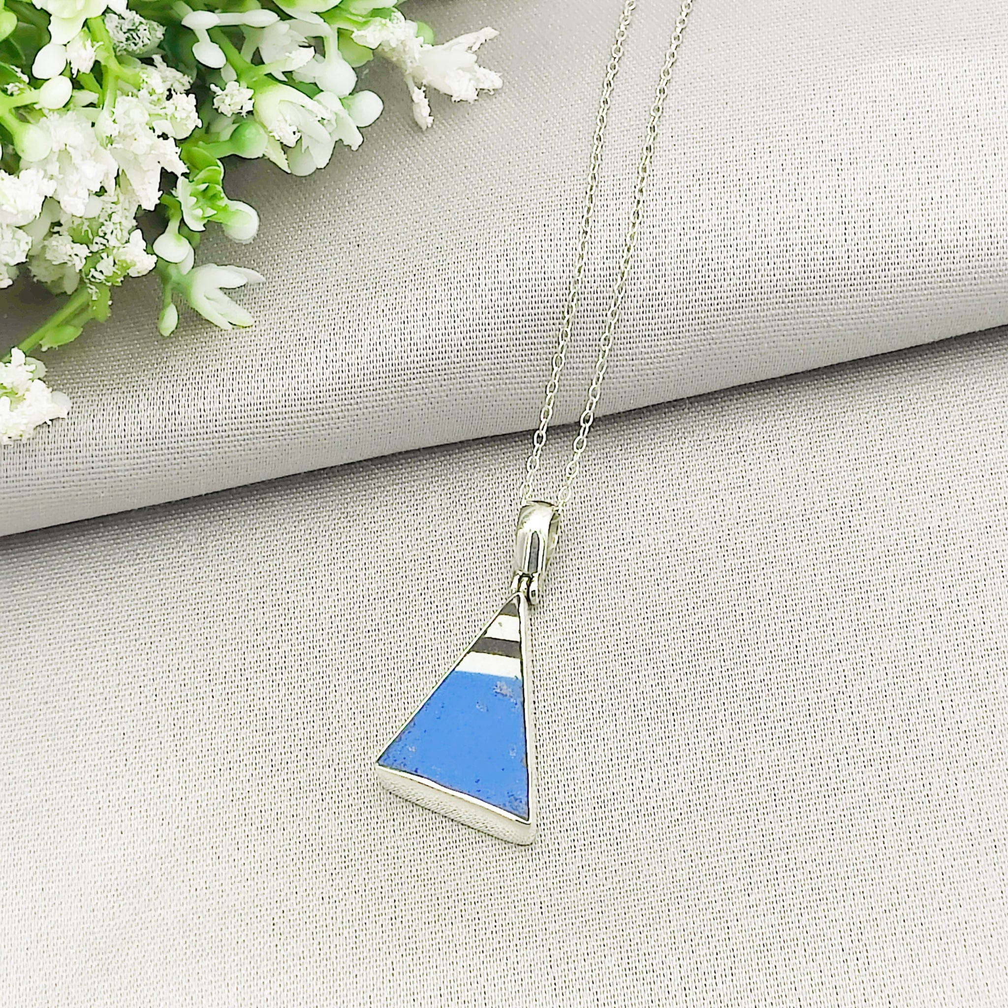 Hepburn and Hughes Art Deco Pendant | Original Clarice Cliff Pottery | Blue Triangle | Sterling Silver