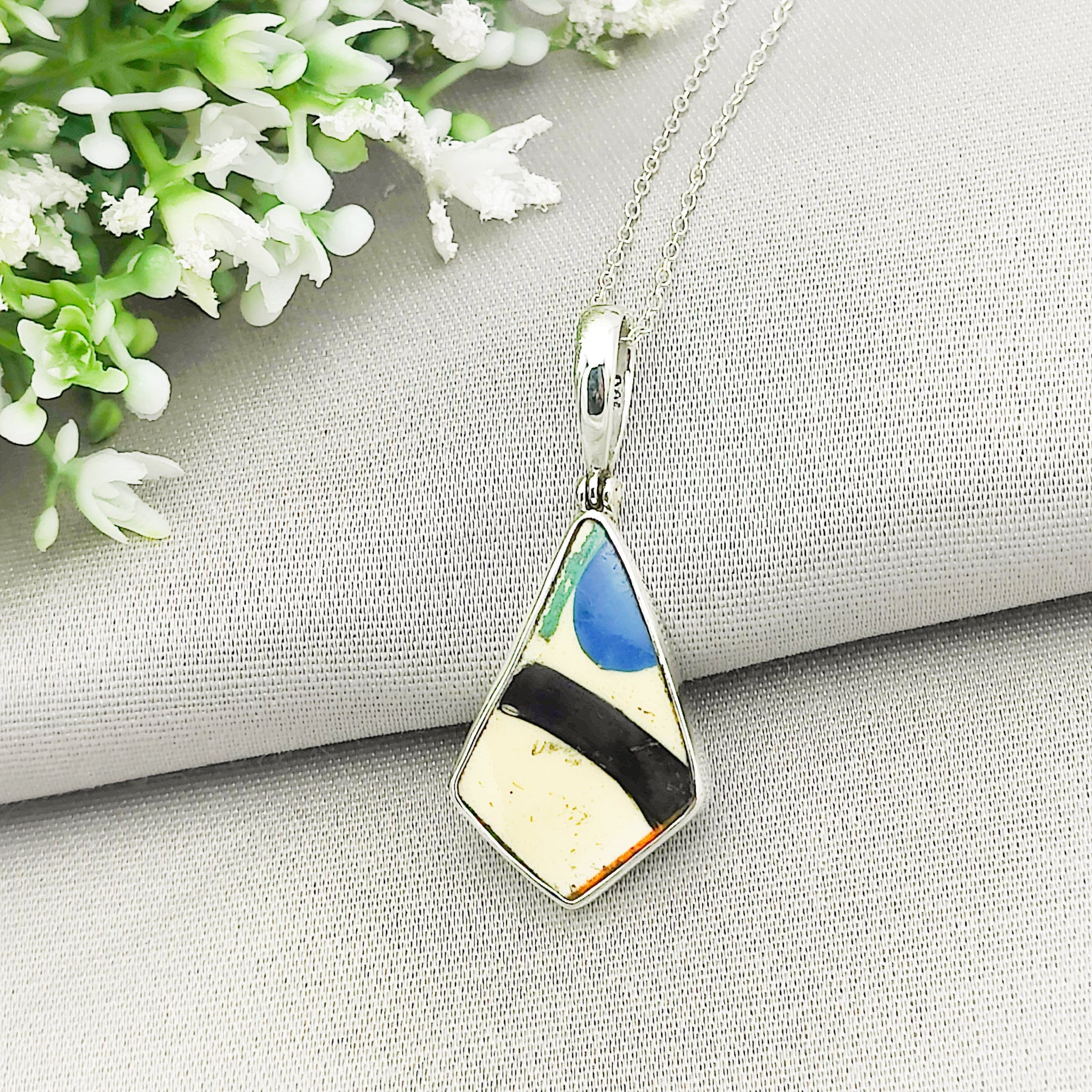 Hepburn and Hughes Art Deco Pendant | Original Clarice Cliff Pottery | Blue Triangle | Sterling Silver