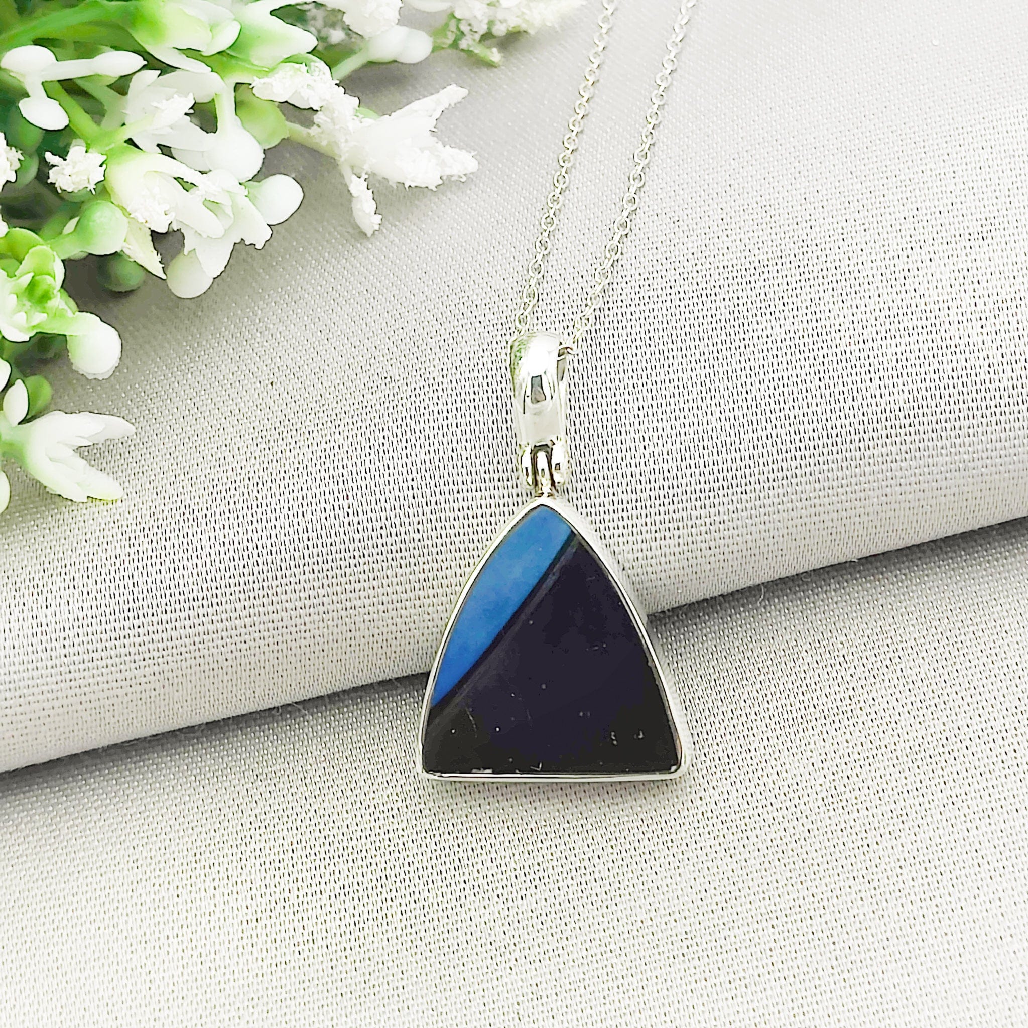 Hepburn and Hughes Art Deco Pendant | Original Clarice Cliff Pottery | Blue Triangle | Sterling Silver