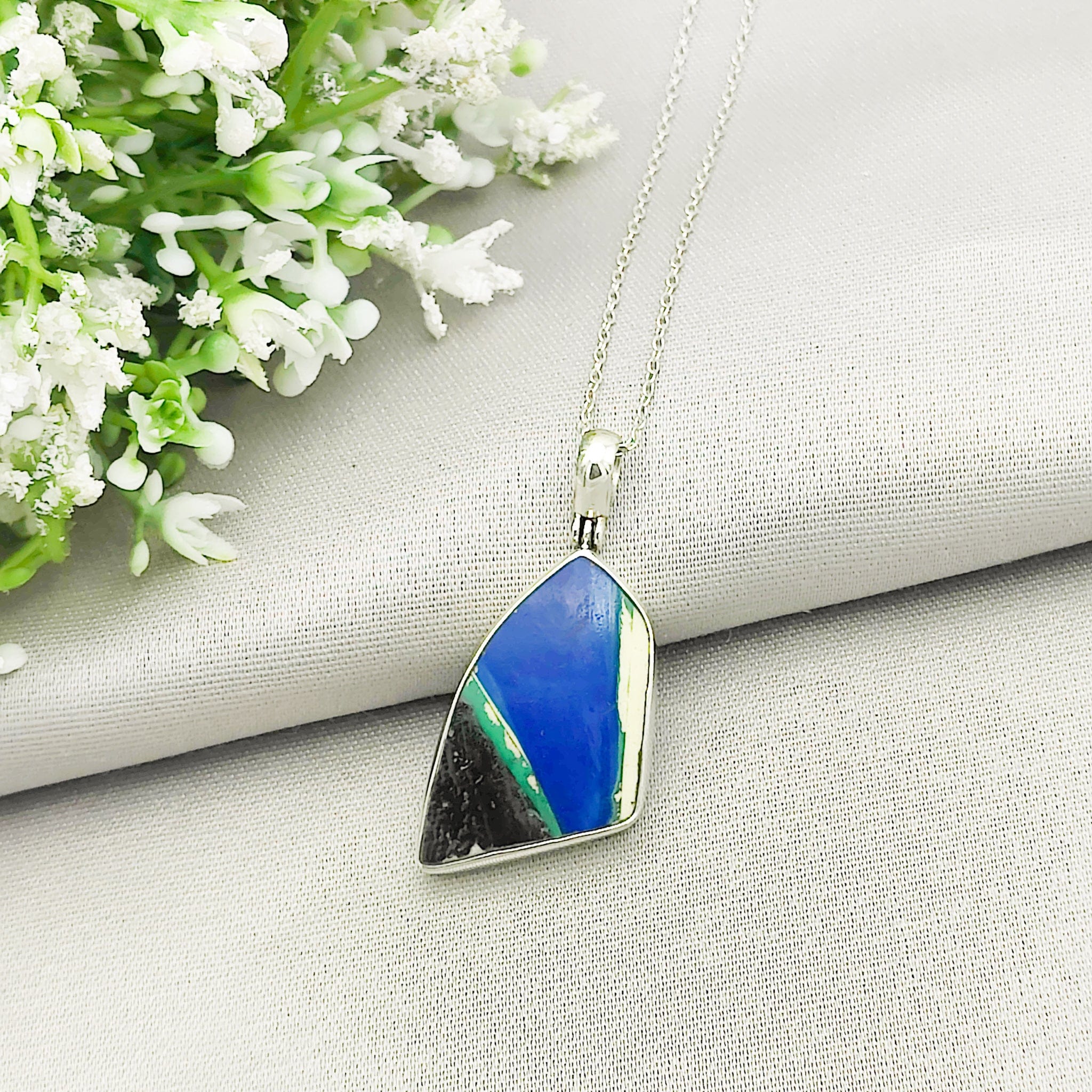 Hepburn and Hughes Art Deco Pendant | Original Clarice Cliff Pottery | Blue Triangle | Sterling Silver