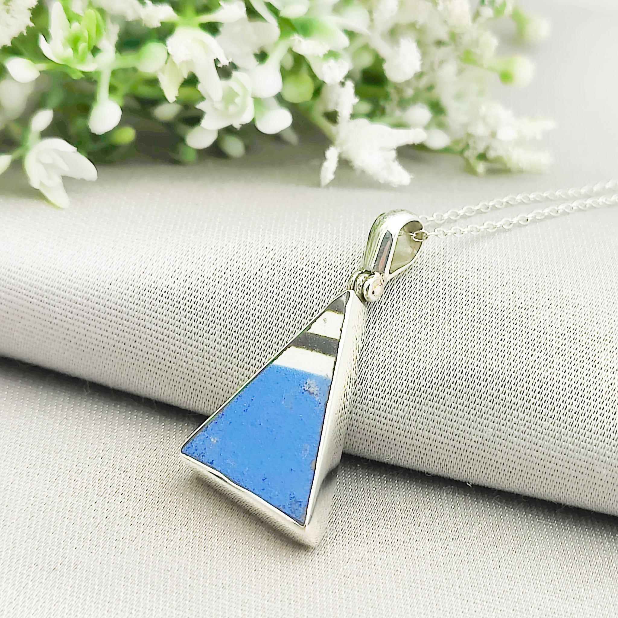Hepburn and Hughes Art Deco Pendant | Original Clarice Cliff Pottery | Blue Triangle | Sterling Silver