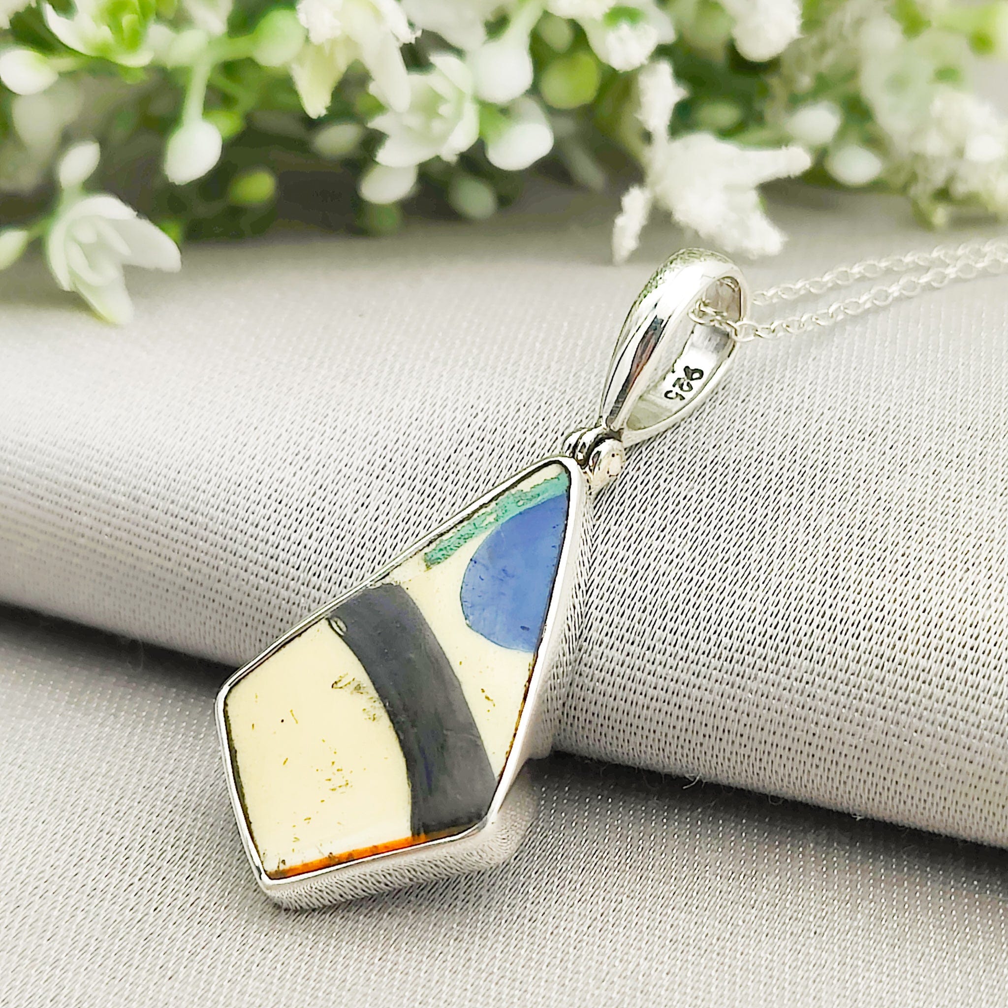Hepburn and Hughes Art Deco Pendant | Original Clarice Cliff Pottery | Blue Triangle | Sterling Silver