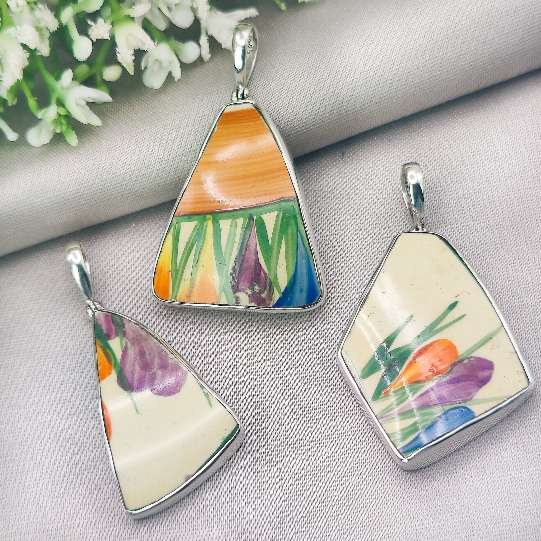 Hepburn and Hughes Art Deco Pendant | Original Clarice Cliff Pottery | Crocus | Sterling Silver