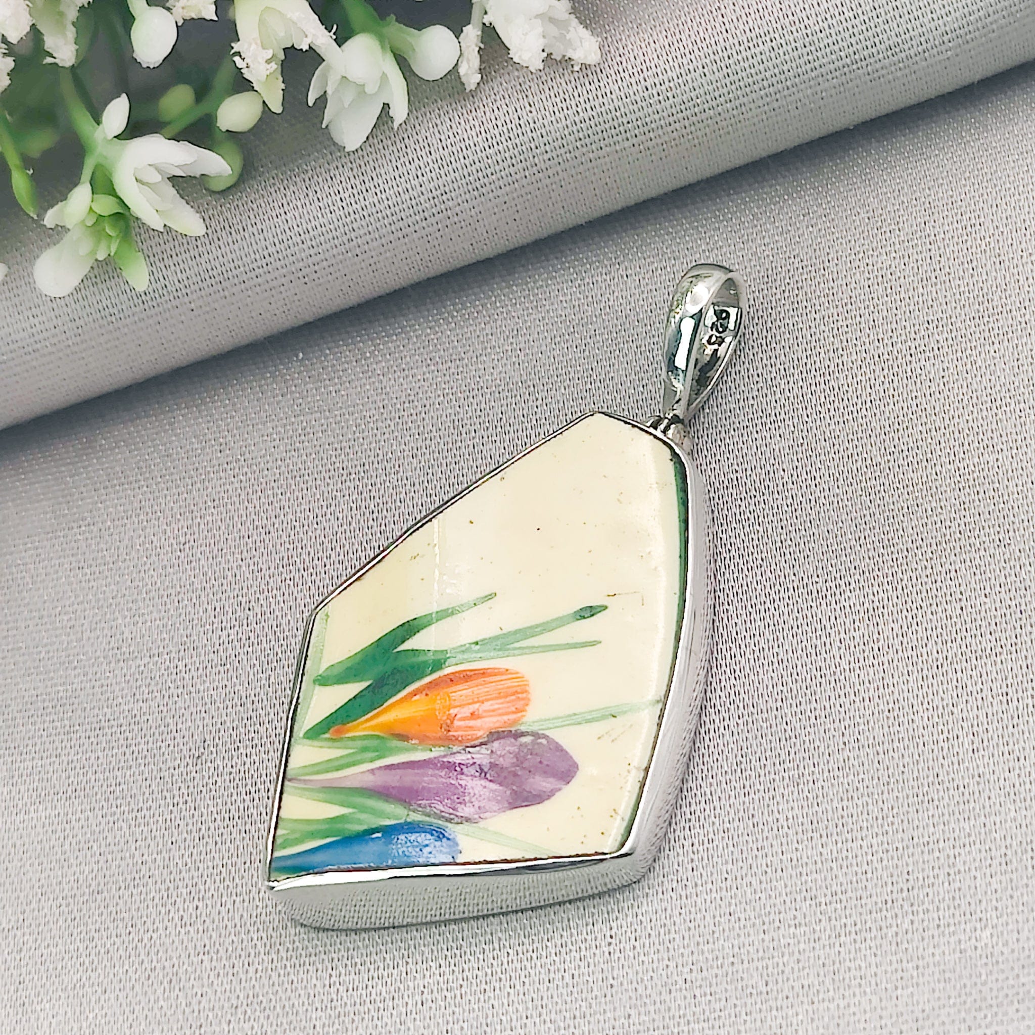 Hepburn and Hughes Art Deco Pendant | Original Clarice Cliff Pottery | Crocus | Sterling Silver