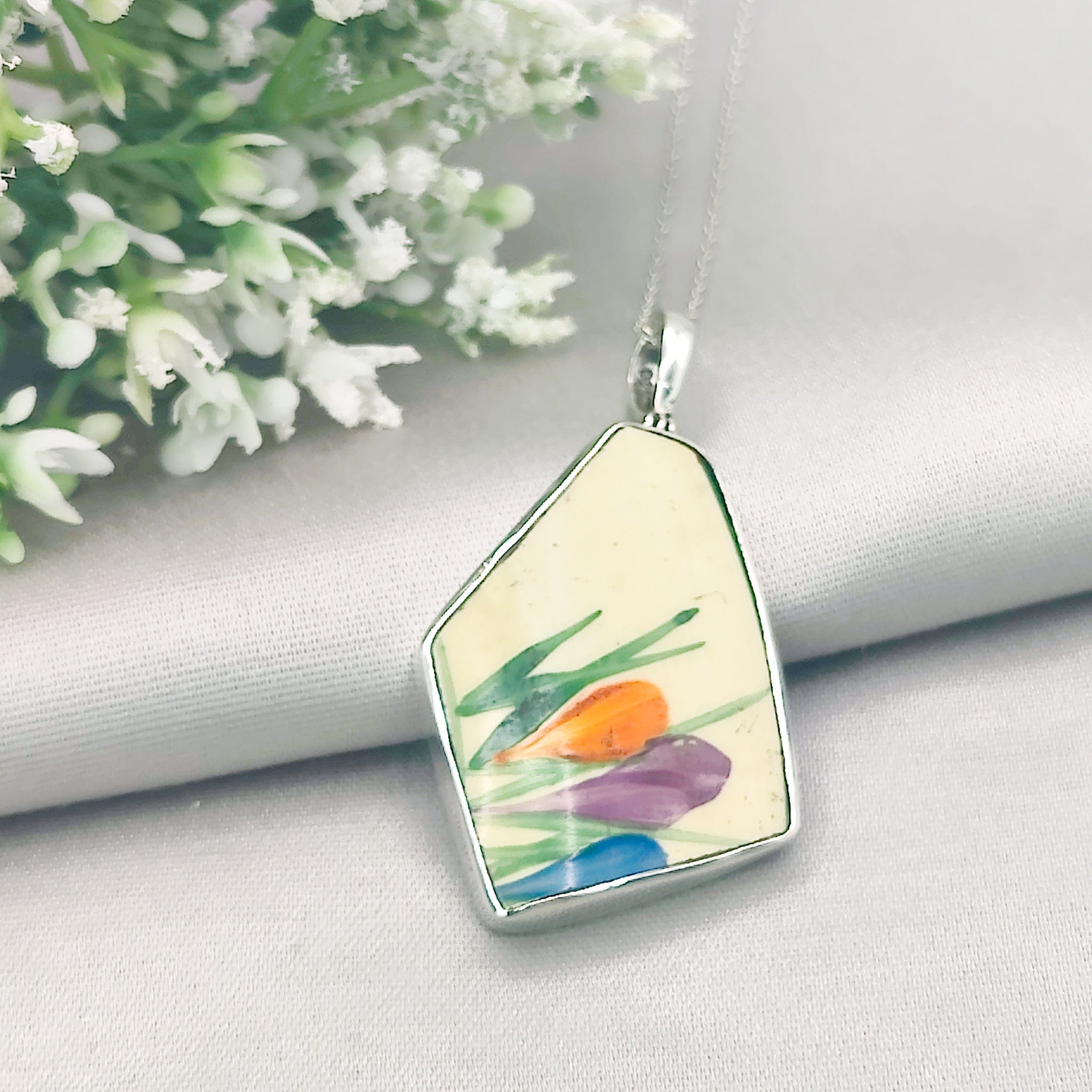 Hepburn and Hughes Art Deco Pendant | Original Clarice Cliff Pottery | Crocus | Sterling Silver