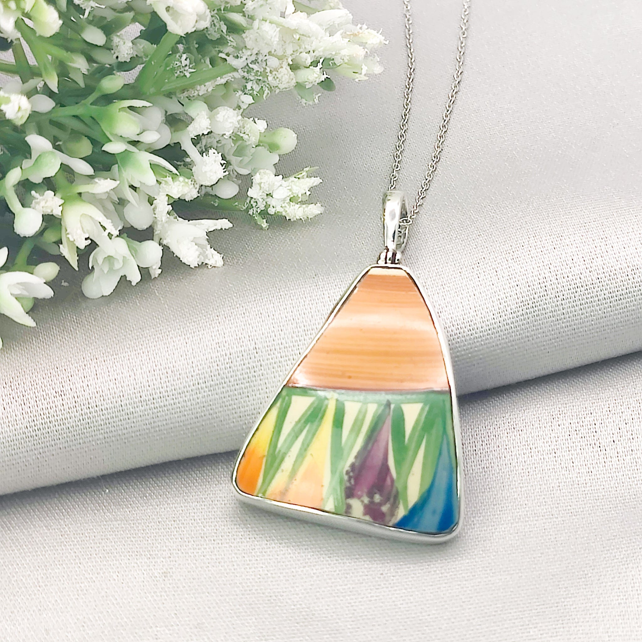 Hepburn and Hughes Art Deco Pendant | Original Clarice Cliff Pottery | Crocus | Sterling Silver