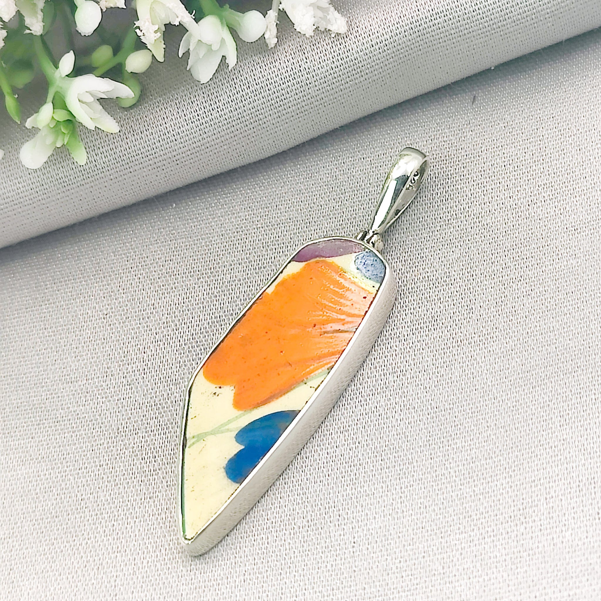 Hepburn and Hughes Art Deco Pendant | Original Clarice Cliff Pottery | Flowers | Sterling Silver