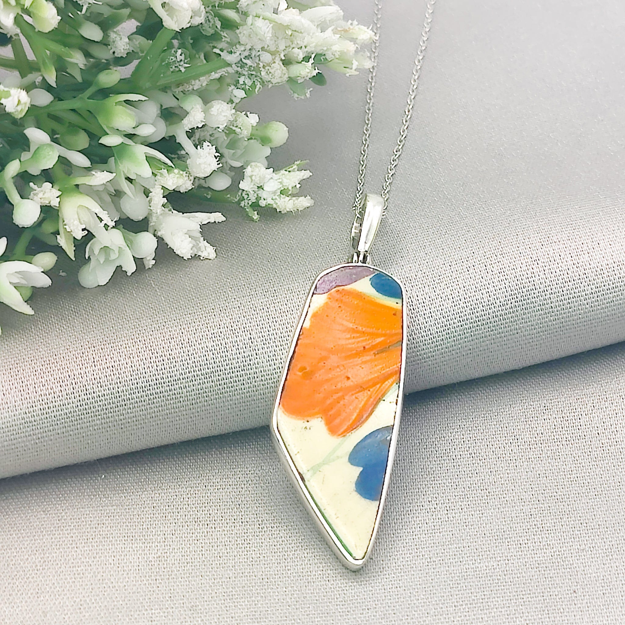 Hepburn and Hughes Art Deco Pendant | Original Clarice Cliff Pottery | Flowers | Sterling Silver