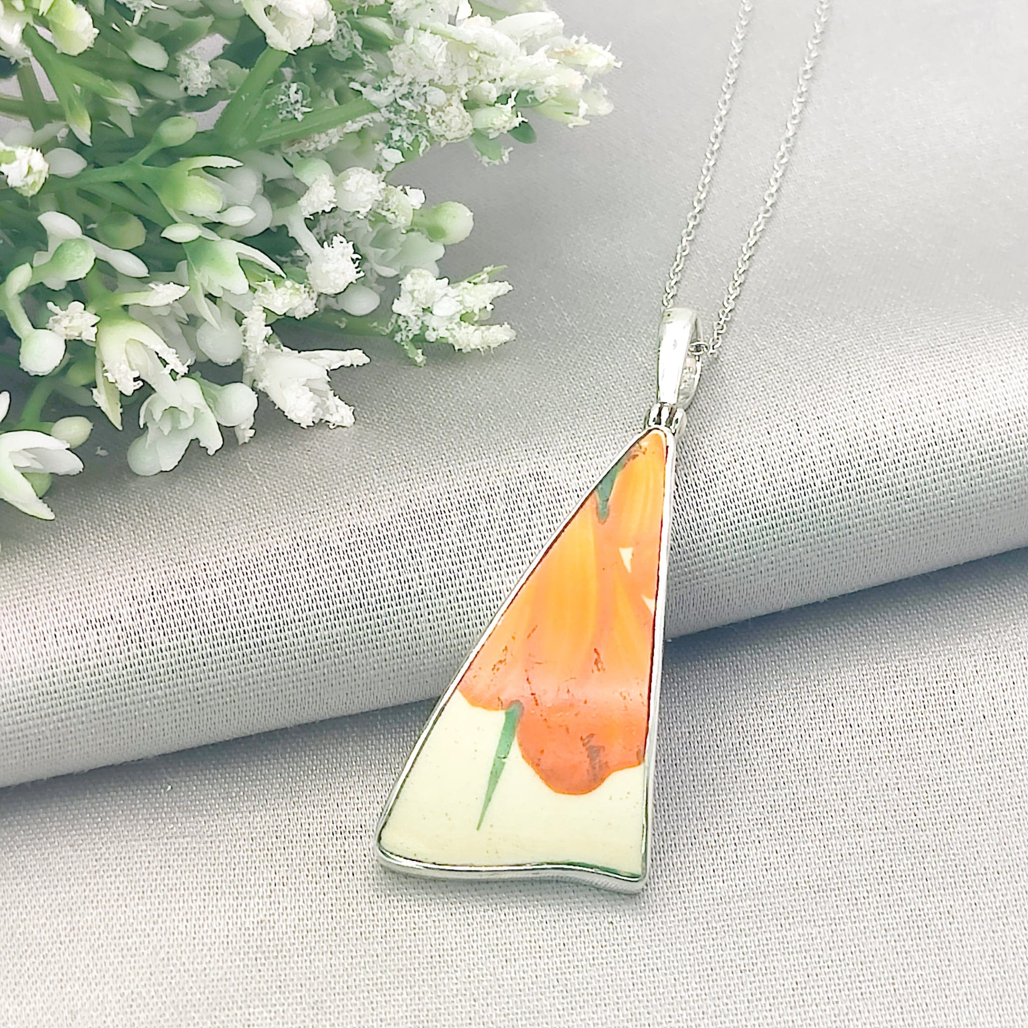 Hepburn and Hughes Art Deco Pendant | Original Clarice Cliff Pottery | Flowers | Sterling Silver