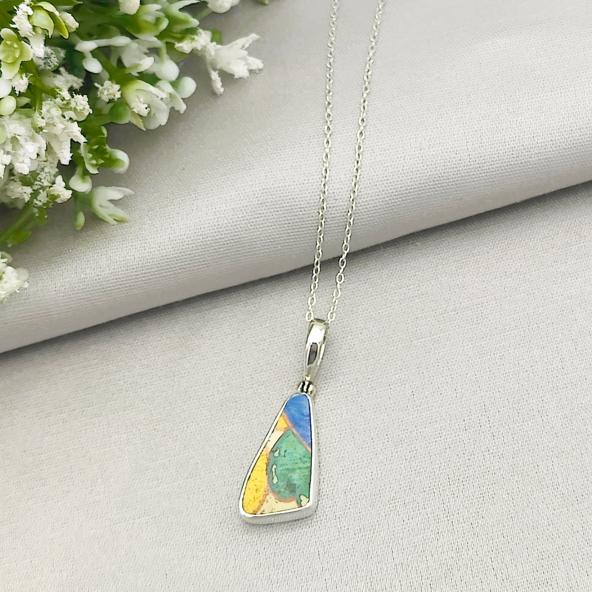 Hepburn and Hughes Art Deco Pendant | Original Clarice Cliff Pottery | Green, Orange and Yellow Designs | Sterling Silver