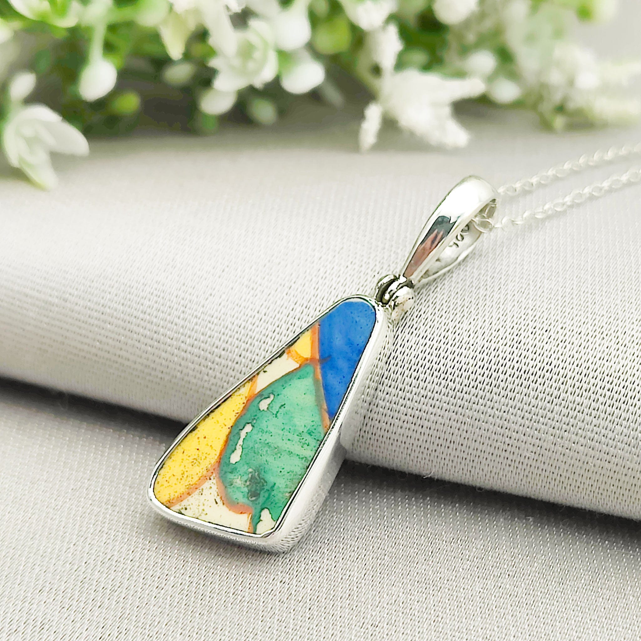 Hepburn and Hughes Art Deco Pendant | Original Clarice Cliff Pottery | Green, Orange and Yellow Designs | Sterling Silver