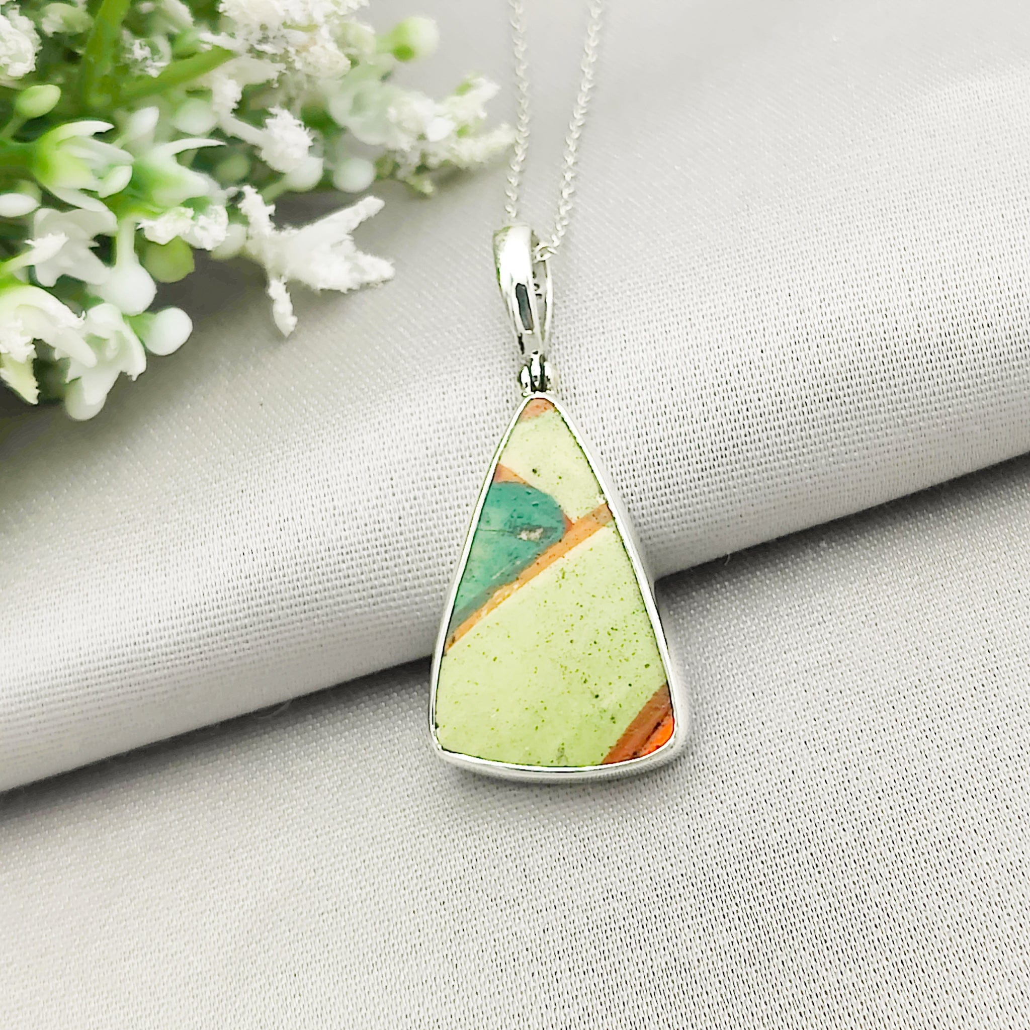 Hepburn and Hughes Art Deco Pendant | Original Clarice Cliff Pottery | Green triangles | Sterling Silver