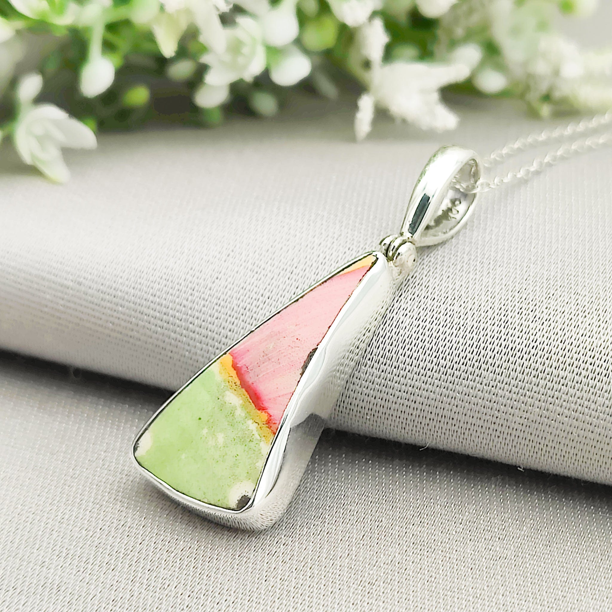 Hepburn and Hughes Art Deco Pendant | Original Clarice Cliff Pottery | Green triangles | Sterling Silver