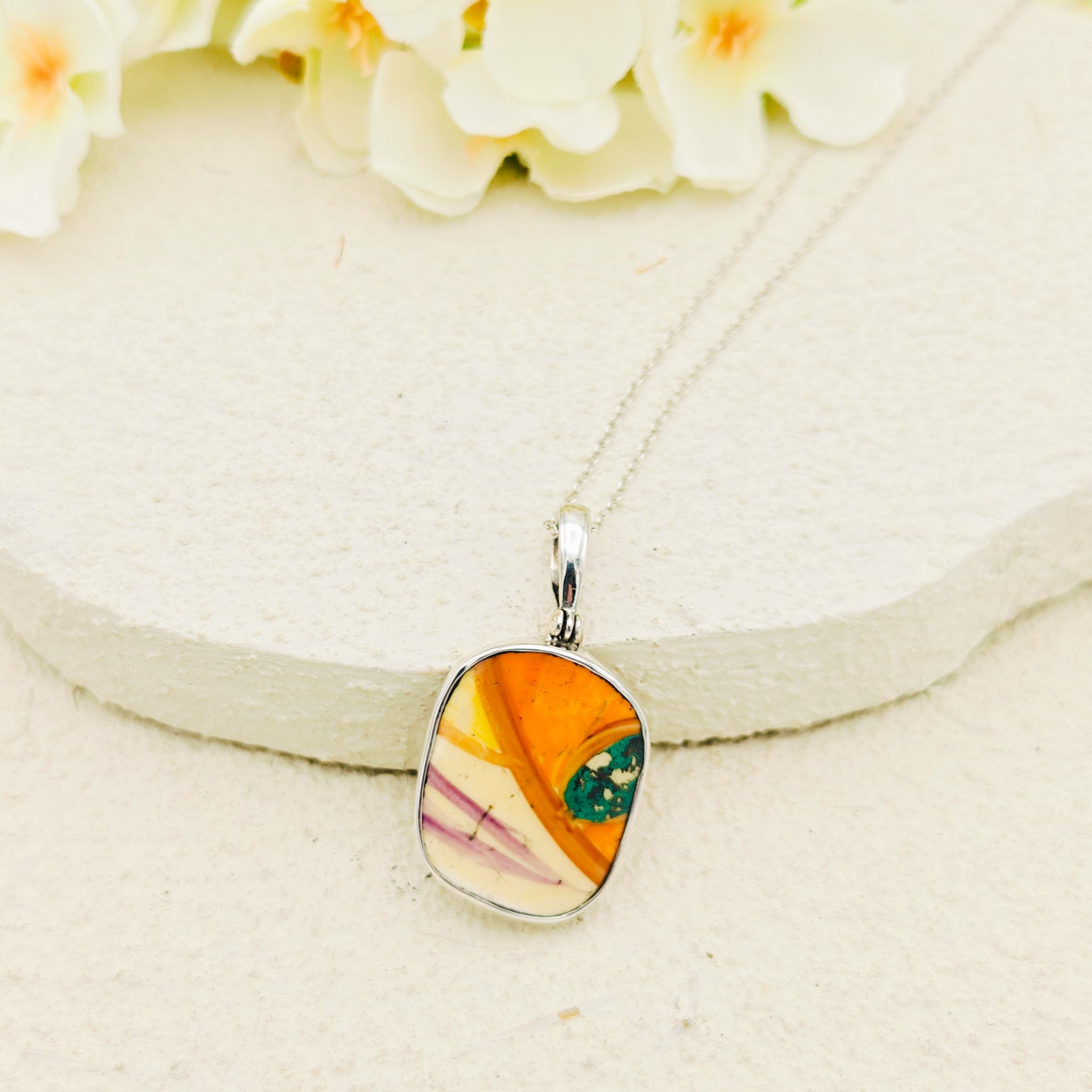 Hepburn and Hughes Art Deco Pendant | Original Clarice Cliff Pottery | Orange and Green | Sterling Silver