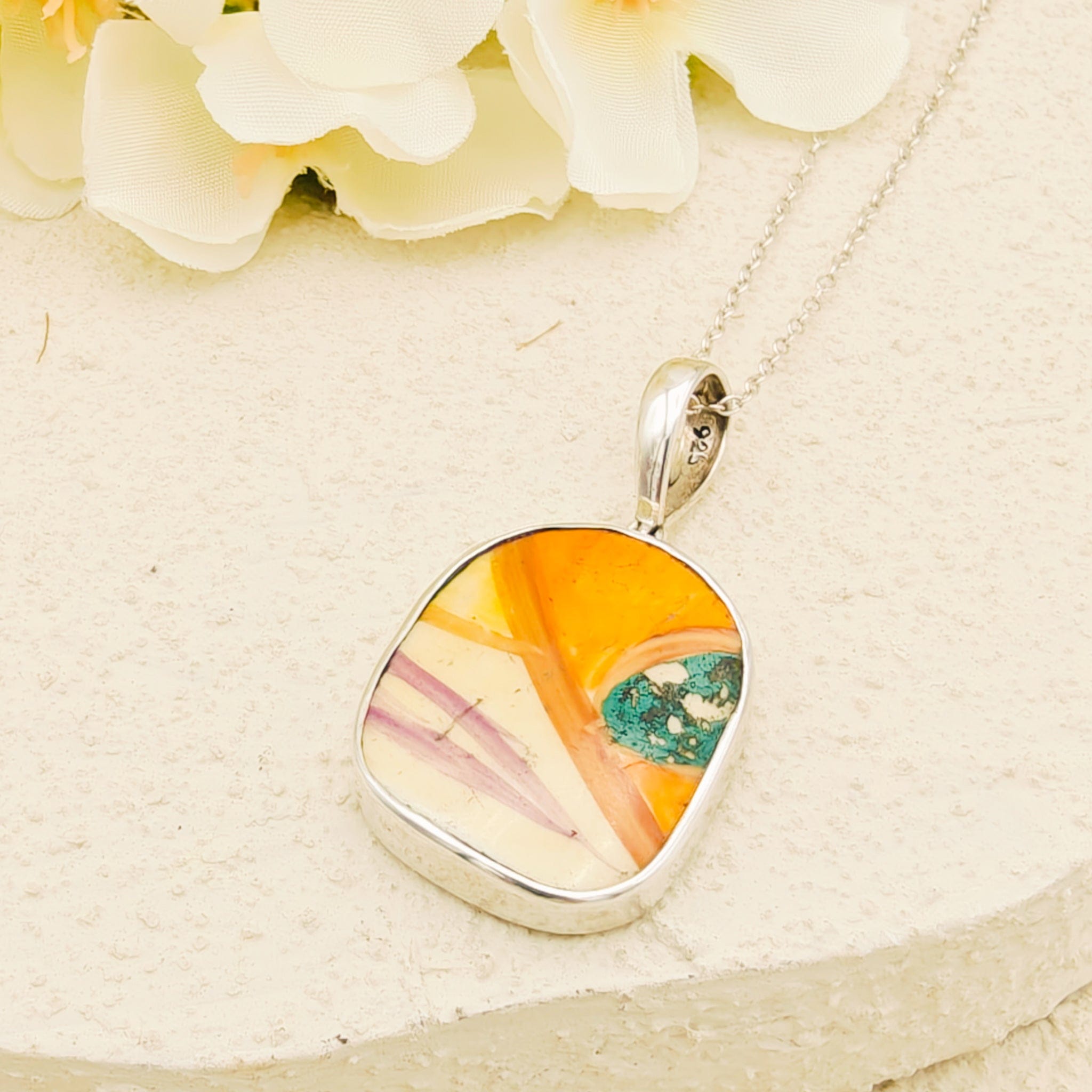 Hepburn and Hughes Art Deco Pendant | Original Clarice Cliff Pottery | Orange and Green | Sterling Silver