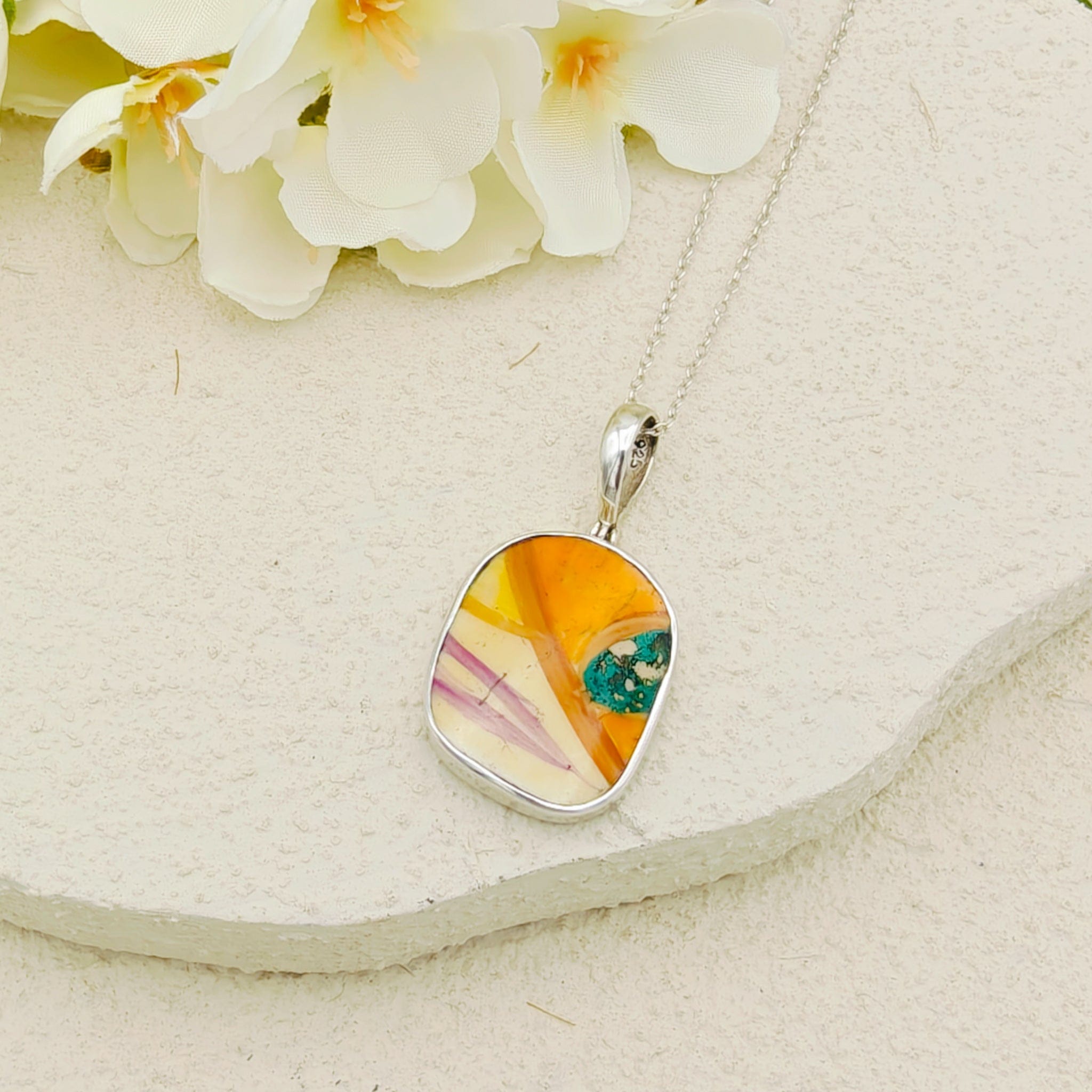 Hepburn and Hughes Art Deco Pendant | Original Clarice Cliff Pottery | Orange and Green | Sterling Silver