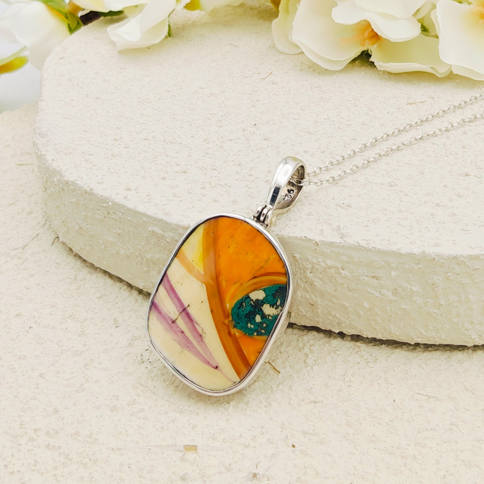 Hepburn and Hughes Art Deco Pendant | Original Clarice Cliff Pottery | Orange and Green | Sterling Silver