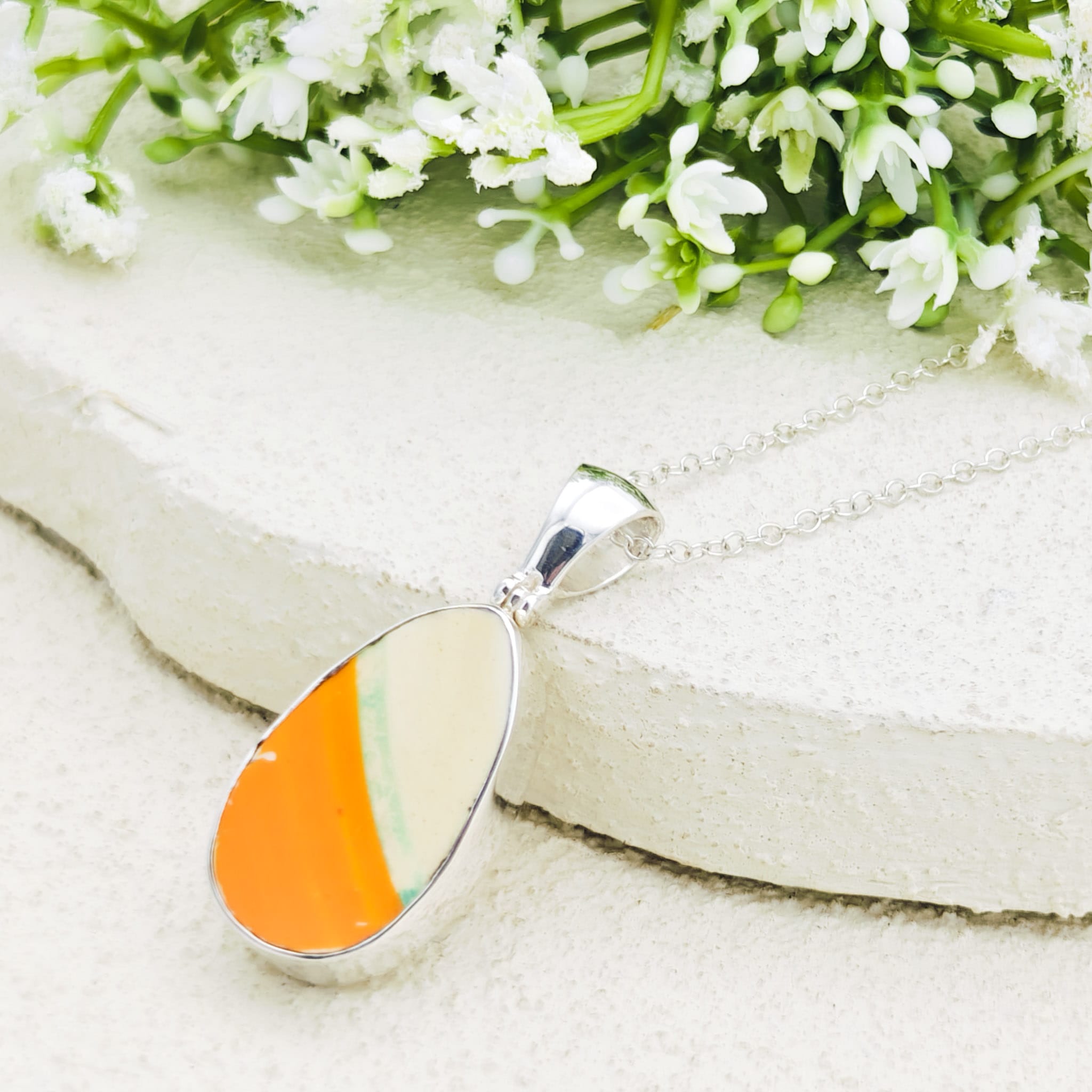 Hepburn and Hughes Art Deco Pendant | Original Clarice Cliff Pottery | Orange and Green | Sterling Silver
