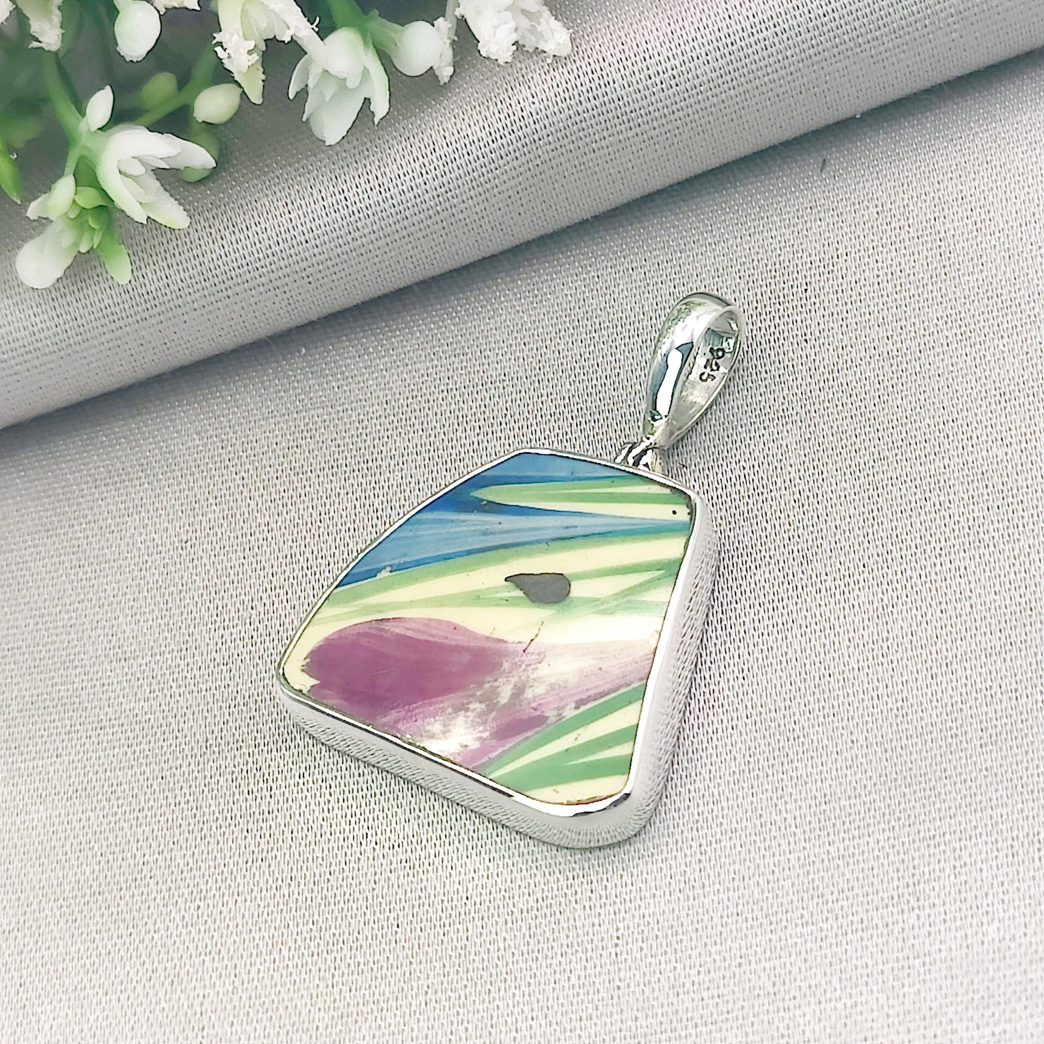 Hepburn and Hughes Art Deco Pendant | Original Clarice Cliff Pottery | Petals | Sterling Silver