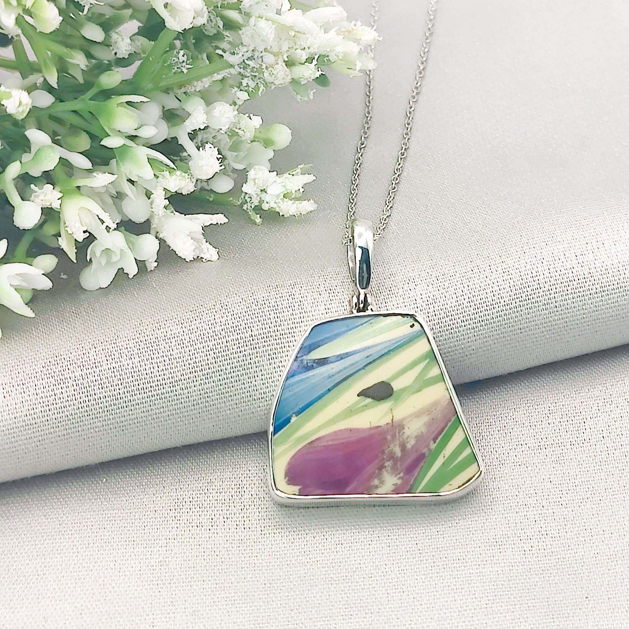 Hepburn and Hughes Art Deco Pendant | Original Clarice Cliff Pottery | Petals | Sterling Silver