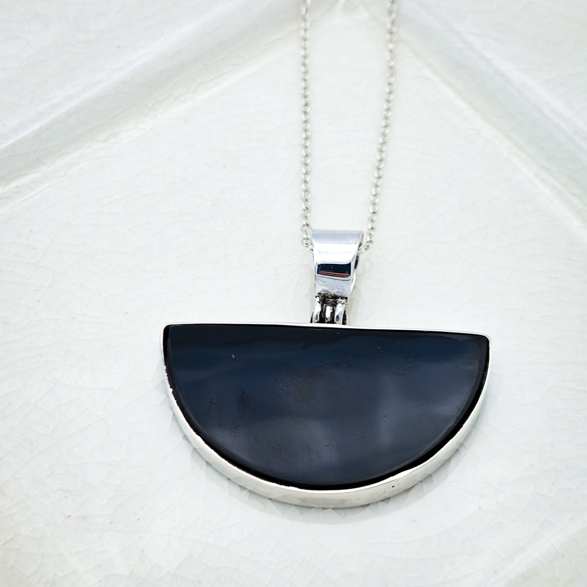 Hepburn and Hughes Art Deco Pendant | Semi Circle | Sterling Silver and Black Resin