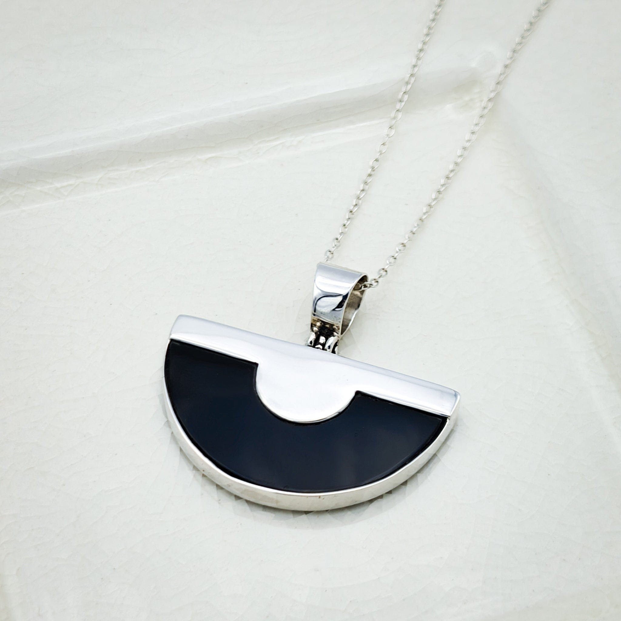 Hepburn and Hughes Art Deco Pendant | Semi Circle | Sterling Silver and Black Resin