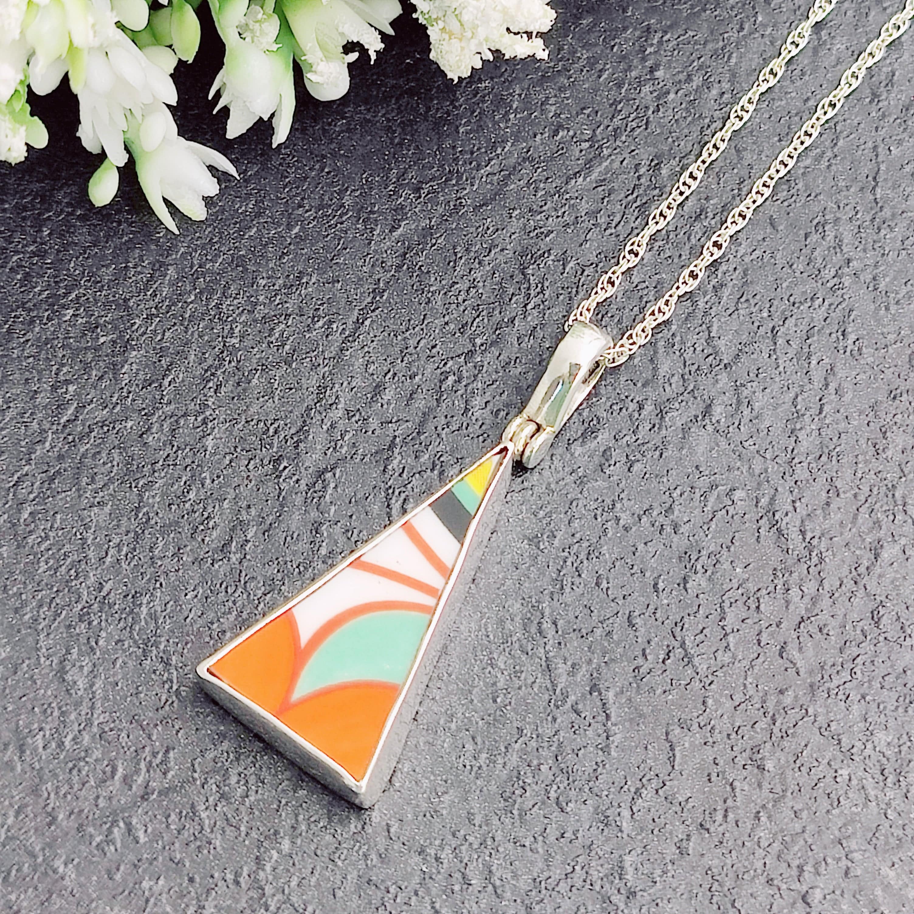 Hepburn and Hughes Art Deco Pendant | Triangular Clarice Cliff necklace | 37mm long | Two options | Sterling Silver