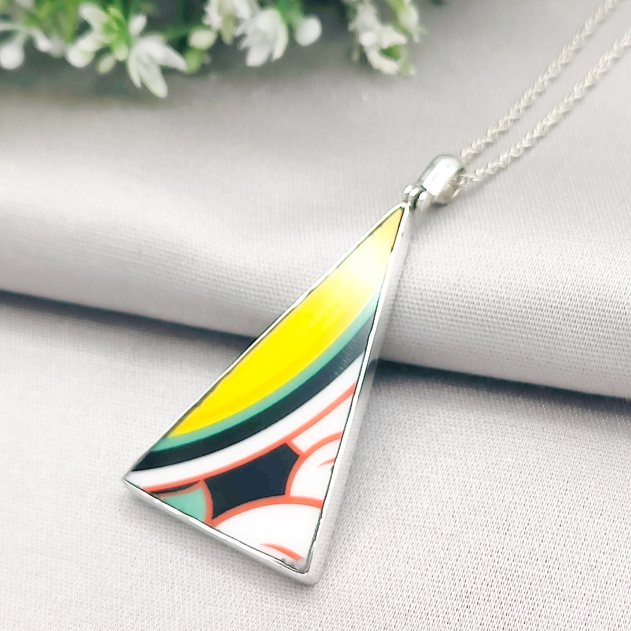 Hepburn and Hughes Art Deco Pendant | Triangular Clarice Cliff necklace | 45mm long | Two options | Sterling Silver