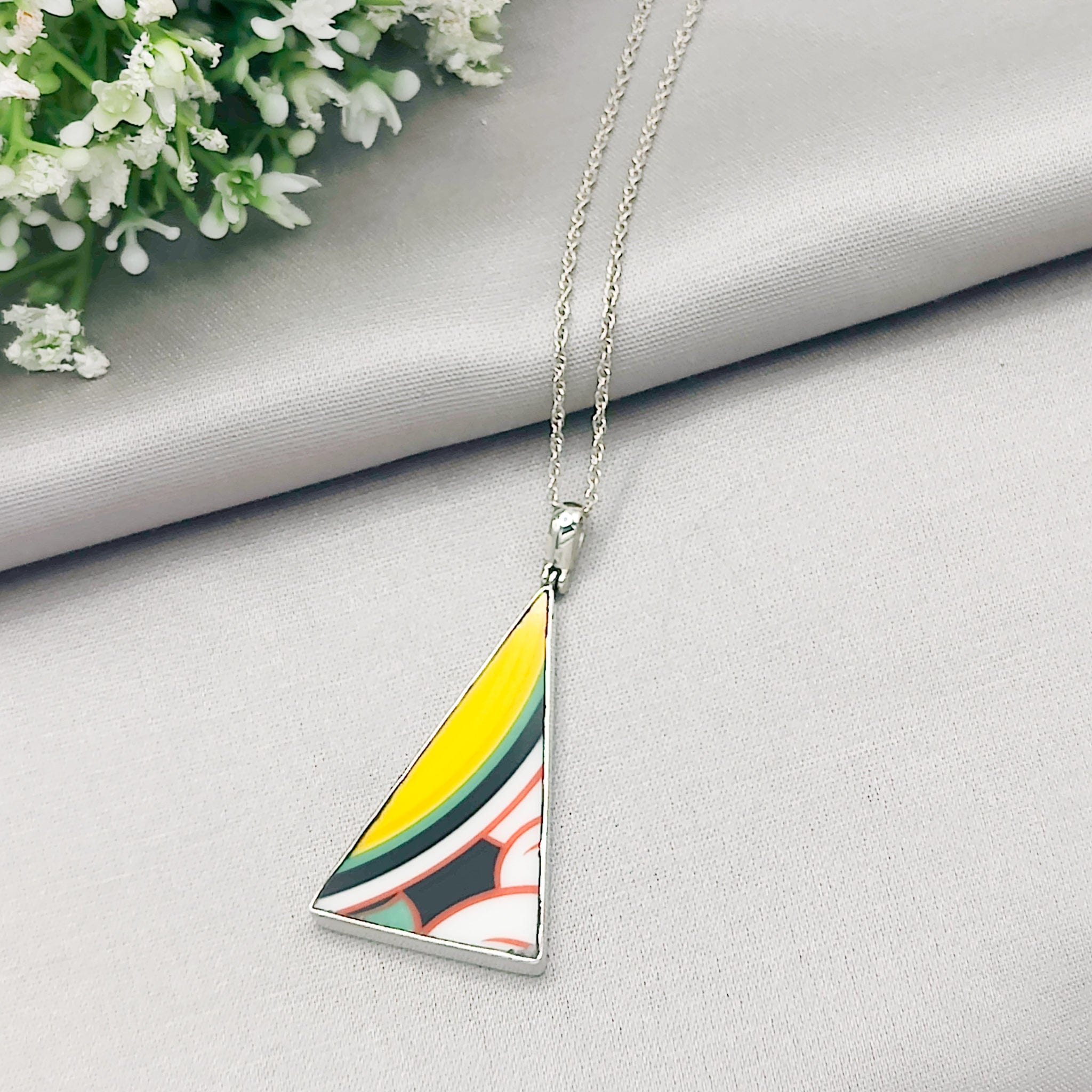 Hepburn and Hughes Art Deco Pendant | Triangular Clarice Cliff necklace | 45mm long | Two options | Sterling Silver