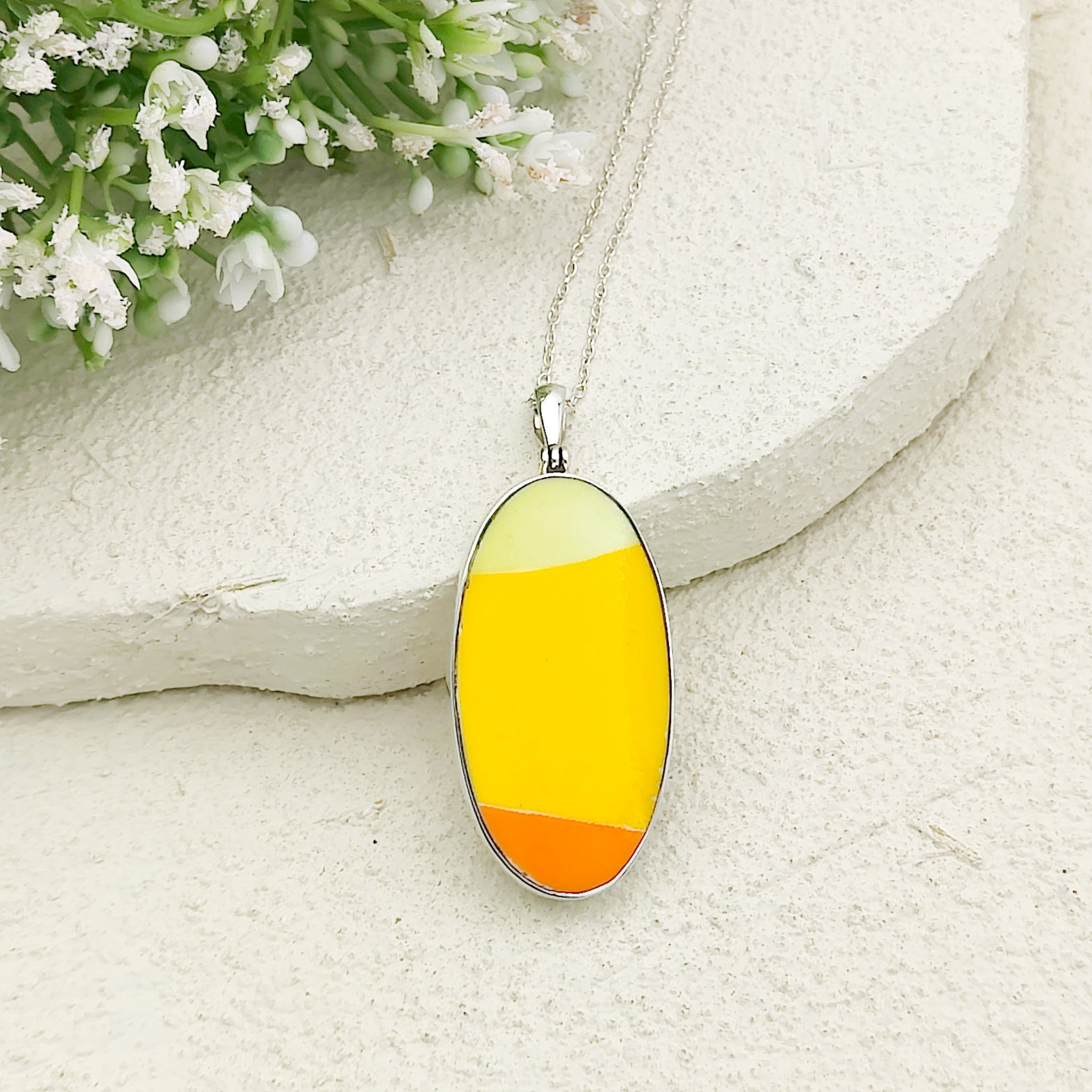 Hepburn and Hughes Art Deco Pendant | Upcycled Clarice Cliff | Small Oval Necklace | Sterling Silver