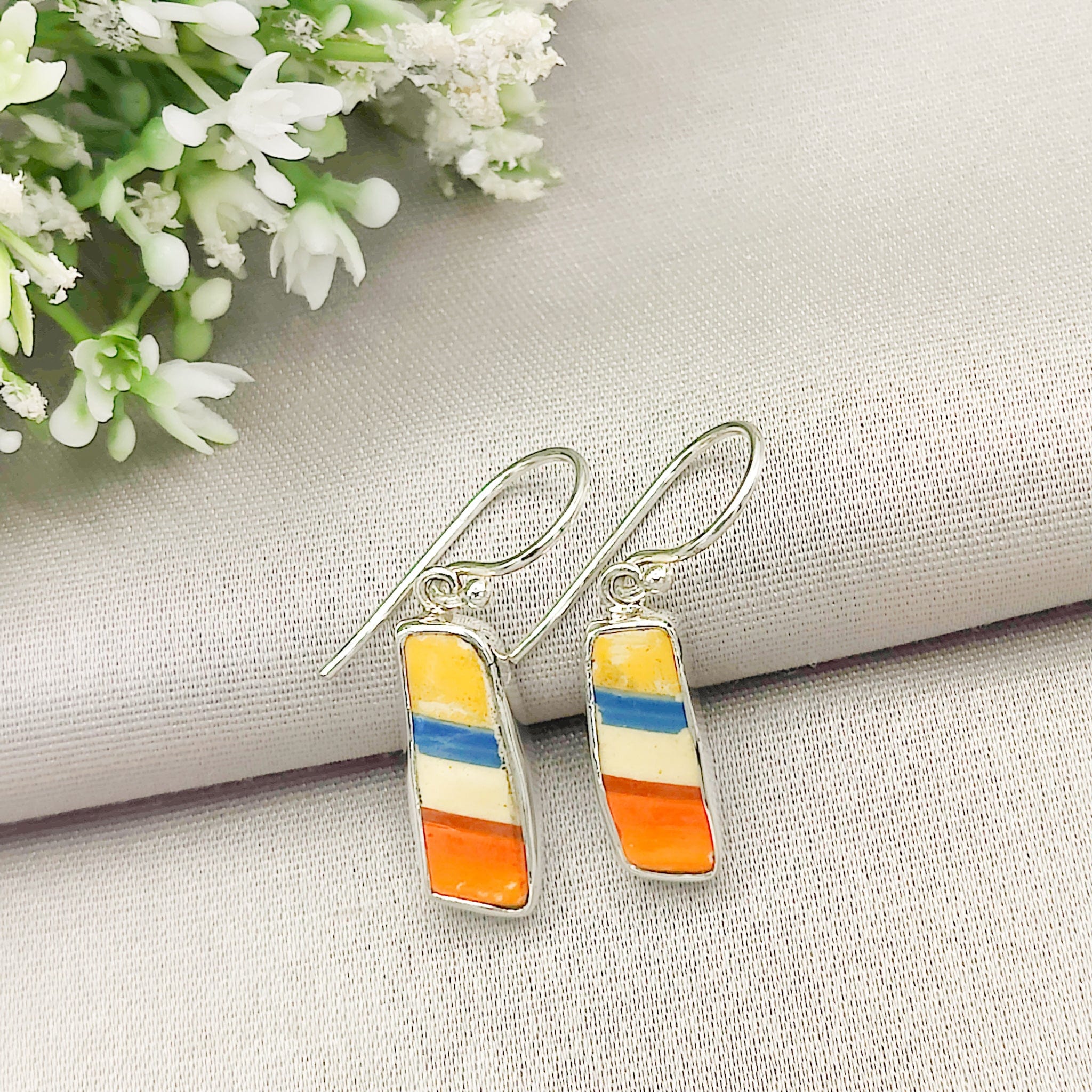 Hepburn and Hughes Art Deco Pottery Earrings | Original Clarice Cliff | 20mm rectangle | Sterling Silver