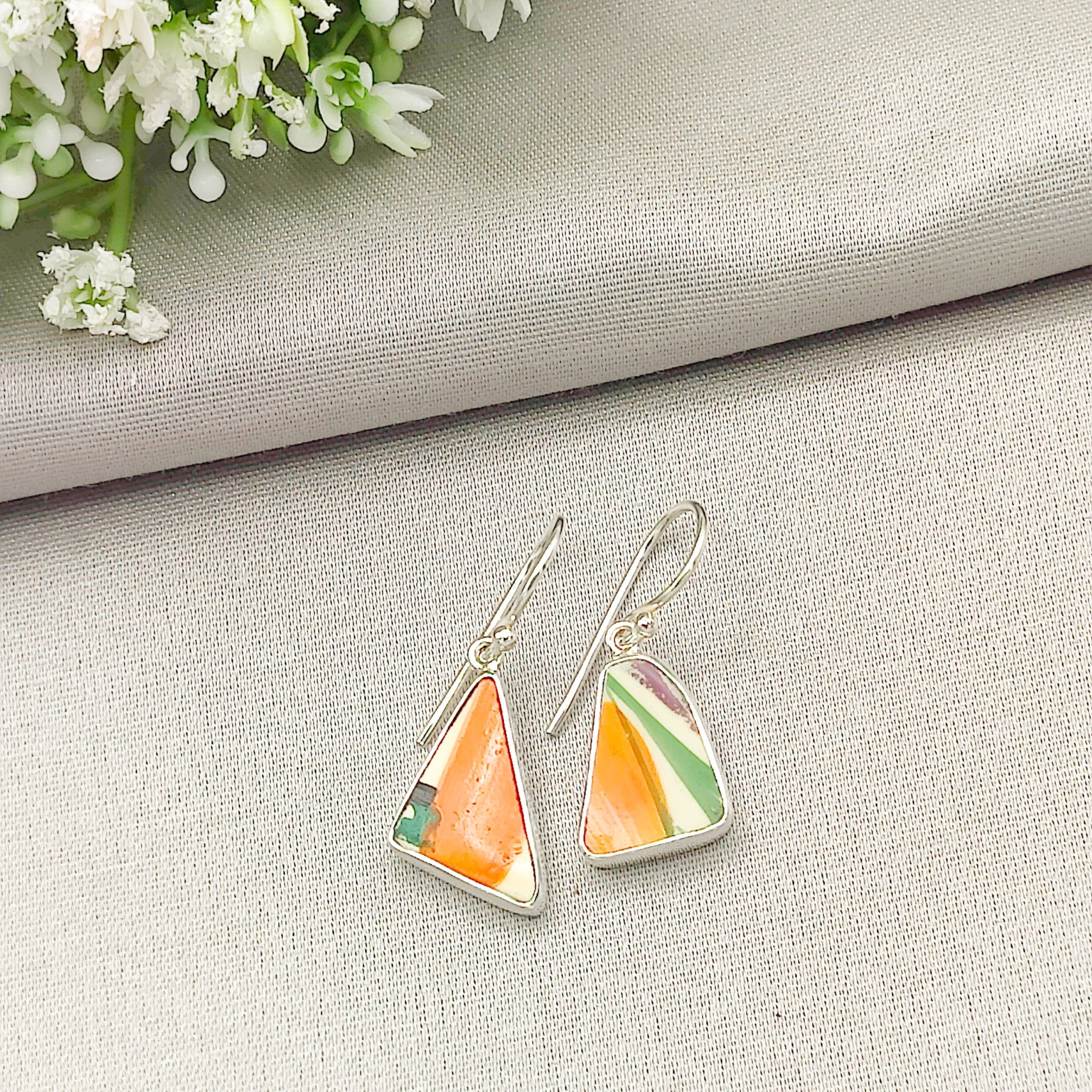 Hepburn and Hughes Art Deco Pottery Earrings | Original Clarice Cliff | Crocus | Sterling Silver