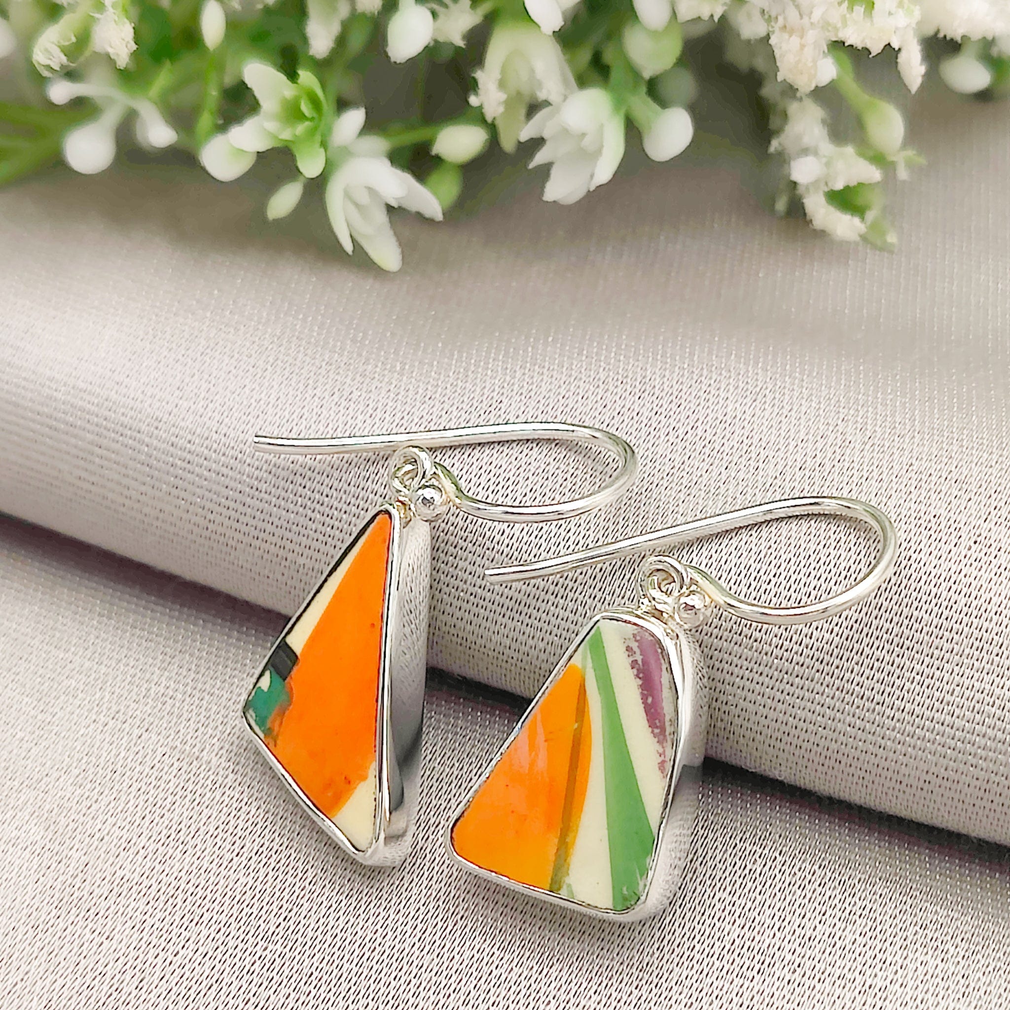 Hepburn and Hughes Art Deco Pottery Earrings | Original Clarice Cliff | Crocus | Sterling Silver